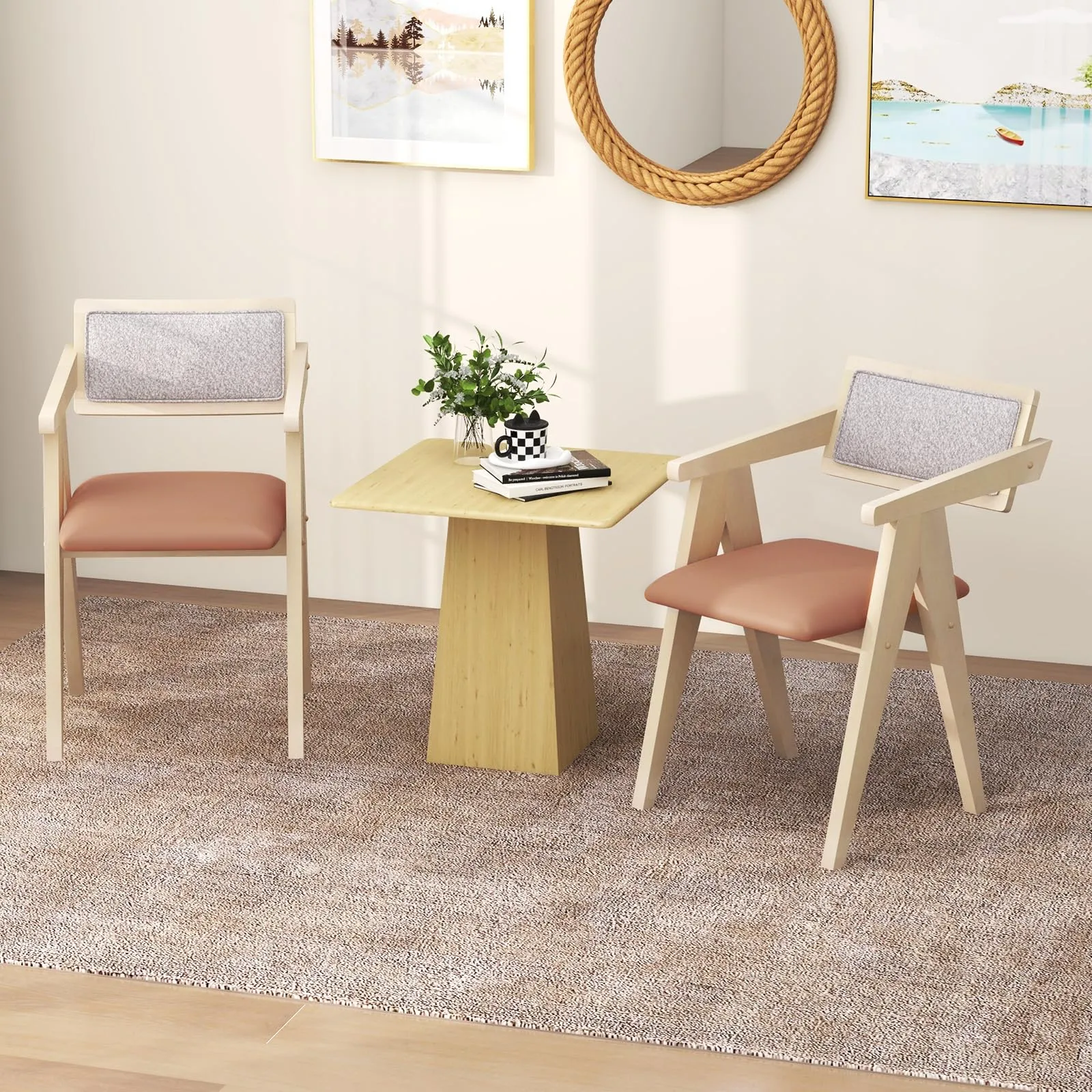 Giantex Wooden Dining Chairs Set of 2, Mid Century Upholstered Kitchen Chairs w/Leathaire Seat Cushions