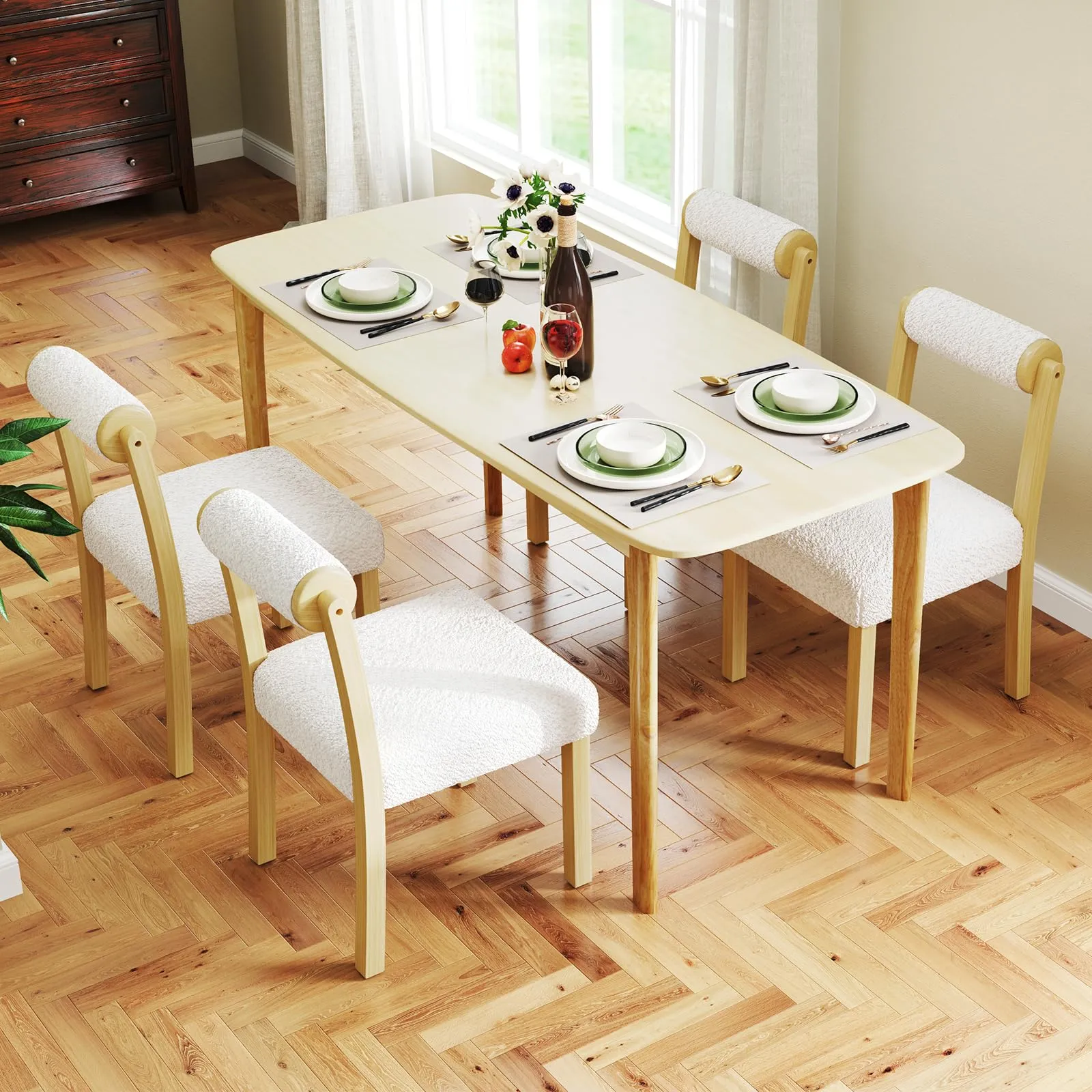Giantex Wooden Dining Chairs Set of 2/4, Faux Sherpa Upholstered Kitchen Dining Room Chairs w/Rubber Wood Frame