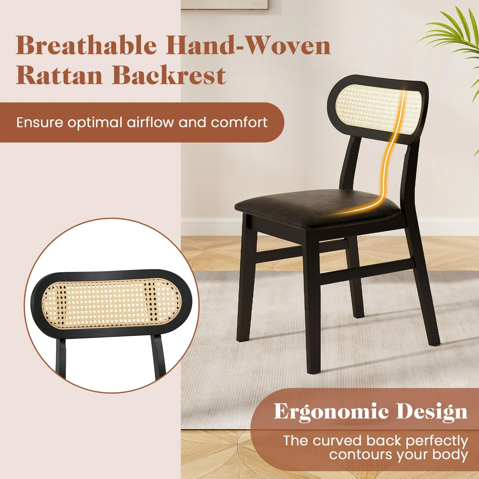 Giantex Wooden Dining Chairs Set of 2/4, PU Leather Upholstered Kitchen Chairs w/Breathable Mesh Cane Backrest