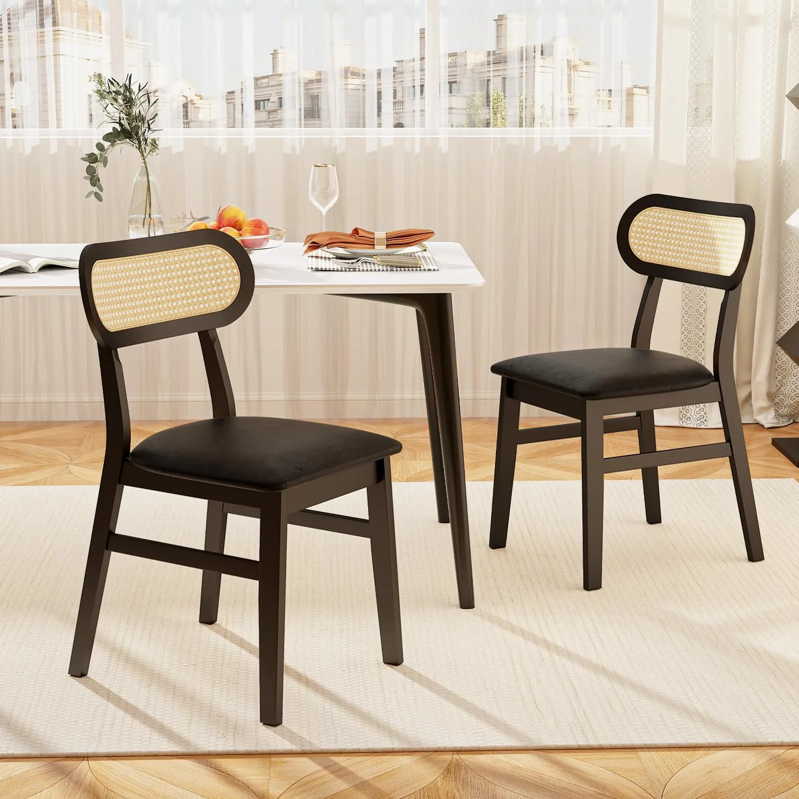 Giantex Wooden Dining Chairs Set of 2/4, PU Leather Upholstered Kitchen Chairs w/Breathable Mesh Cane Backrest
