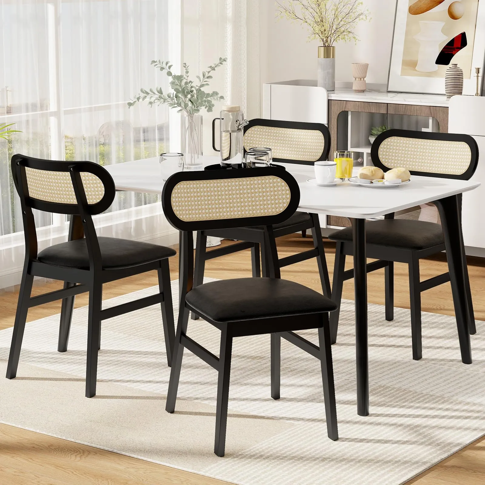 Giantex Wooden Dining Chairs Set of 2/4, PU Leather Upholstered Kitchen Chairs w/Breathable Mesh Cane Backrest