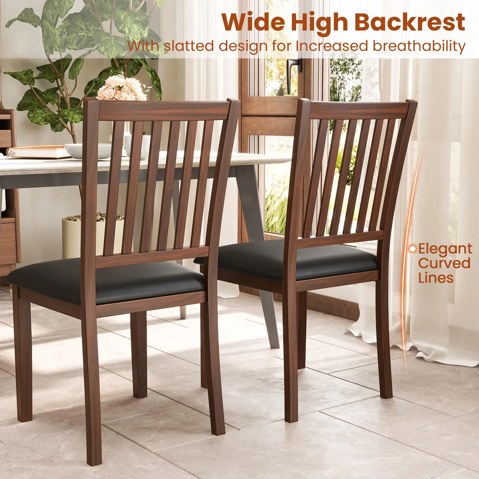 Giantex Wooden Dining Chairs Set, Upholstered Kitchen Chairs w/Slat Back, Wear-Resistant PVC Leather