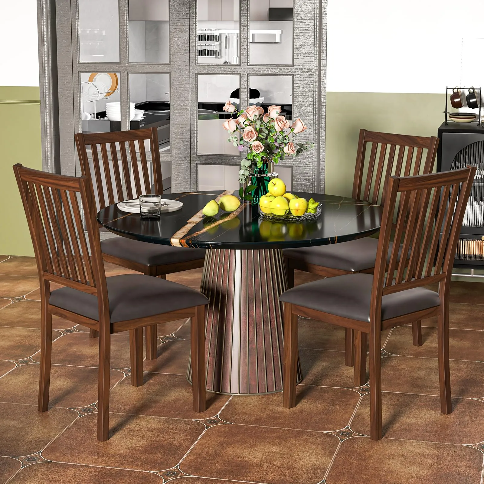 Giantex Wooden Dining Chairs Set, Upholstered Kitchen Chairs w/Slat Back, Wear-Resistant PVC Leather