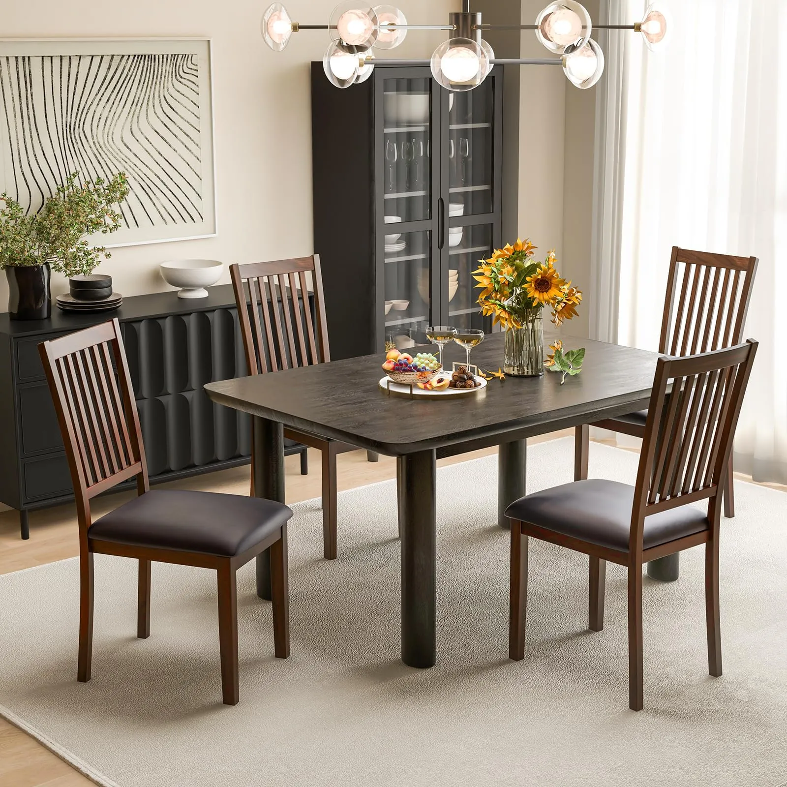 Giantex Wooden Dining Chairs Set, Upholstered Kitchen Chairs w/Slat Back, Wear-Resistant PVC Leather