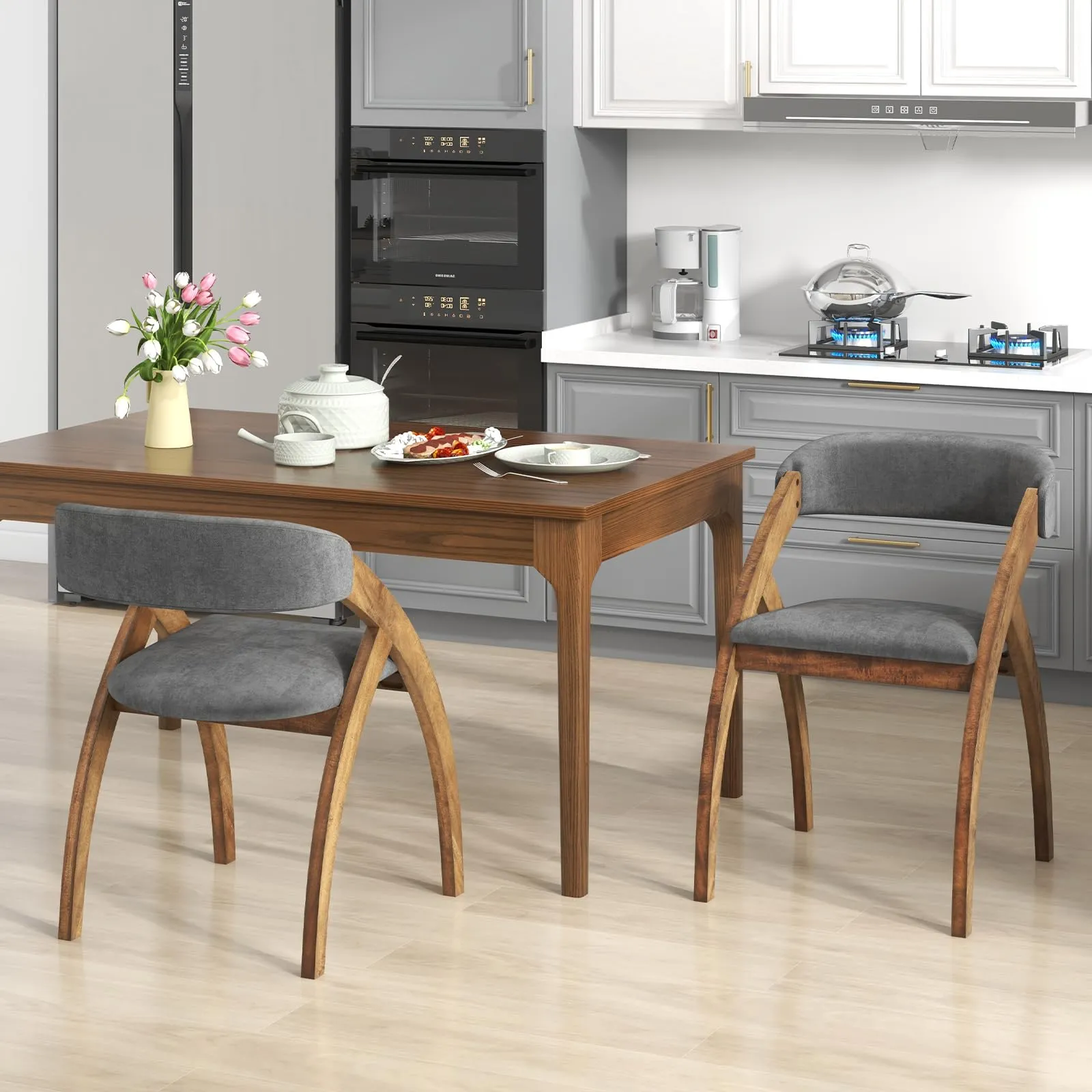 Giantex Wooden Dining Chairs, Upholstered Kitchen Chairs w/Arched Rubber Wood Legs