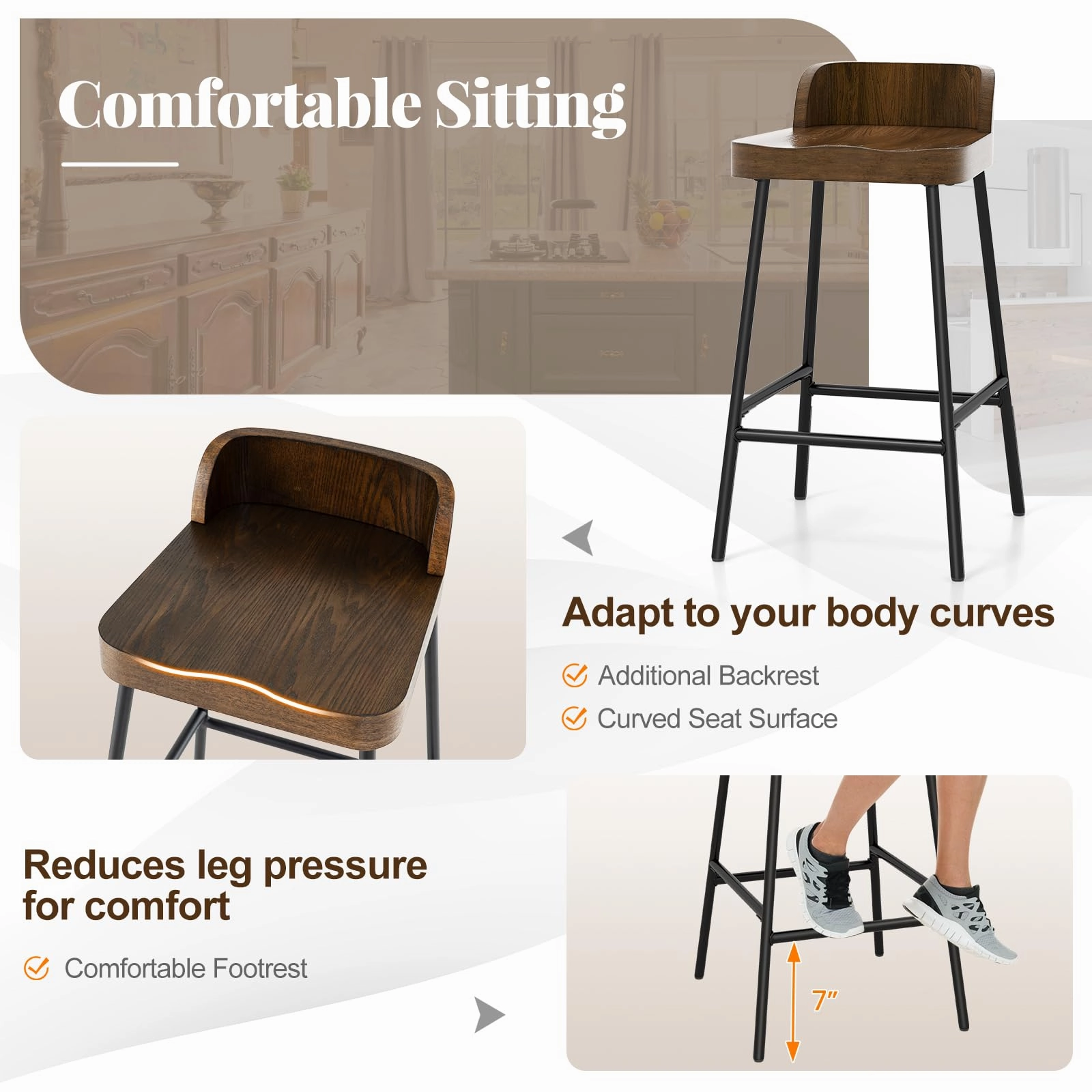 Giantex 24.5'' Bar Stool, Counter Height Bar Stools with Low Back & Footrest