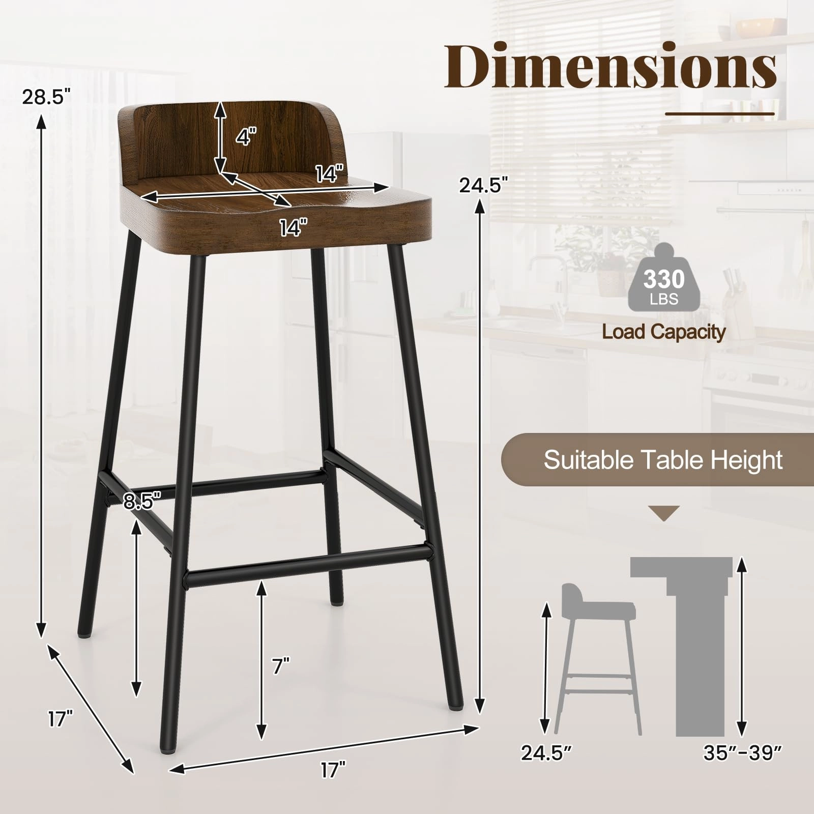 Giantex 24.5'' Bar Stool, Counter Height Bar Stools with Low Back & Footrest