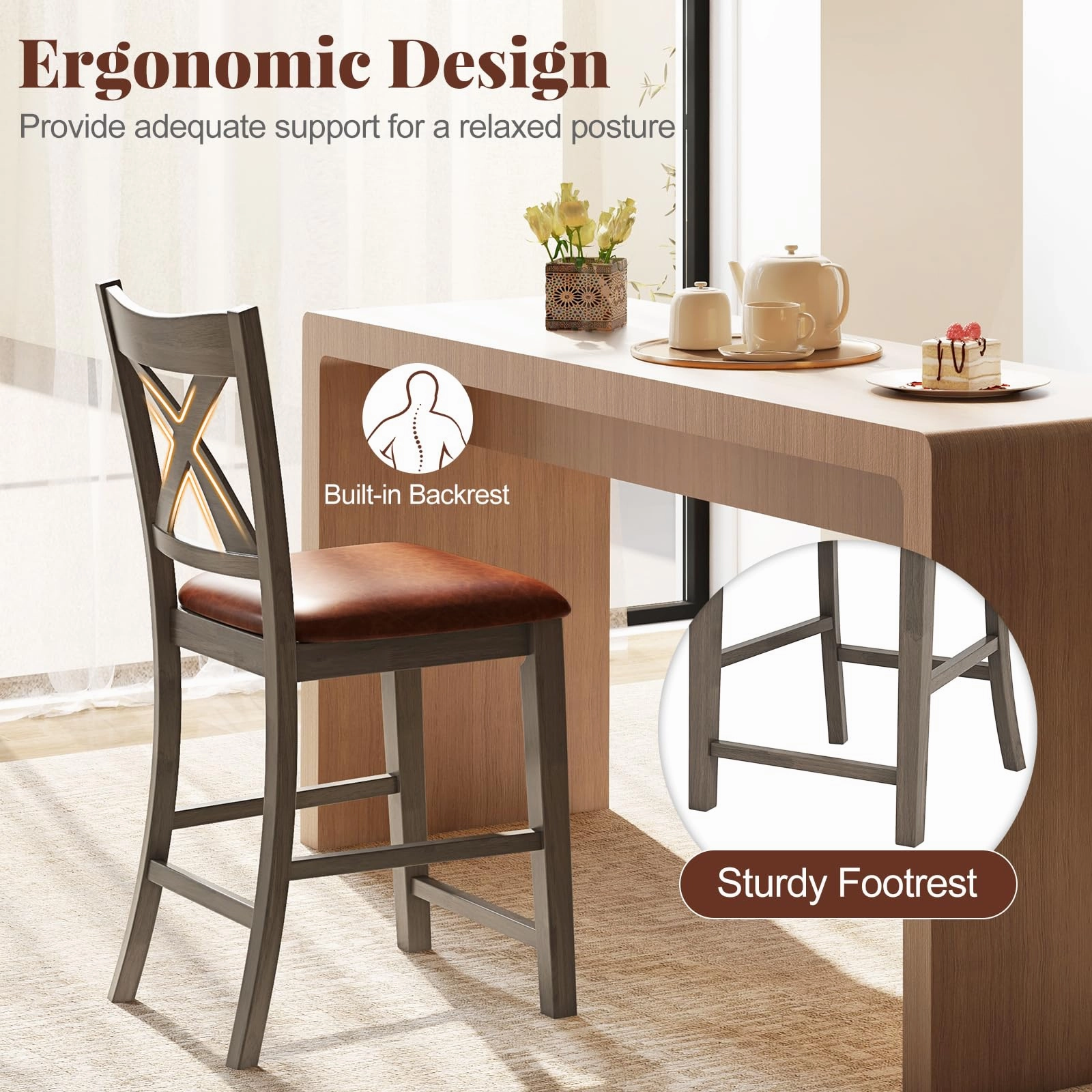 Giantex 24" Bar Stools Set of 2/4, Counter Height Bar Stools with Cross Back & Faux Leather Upholstered Seat