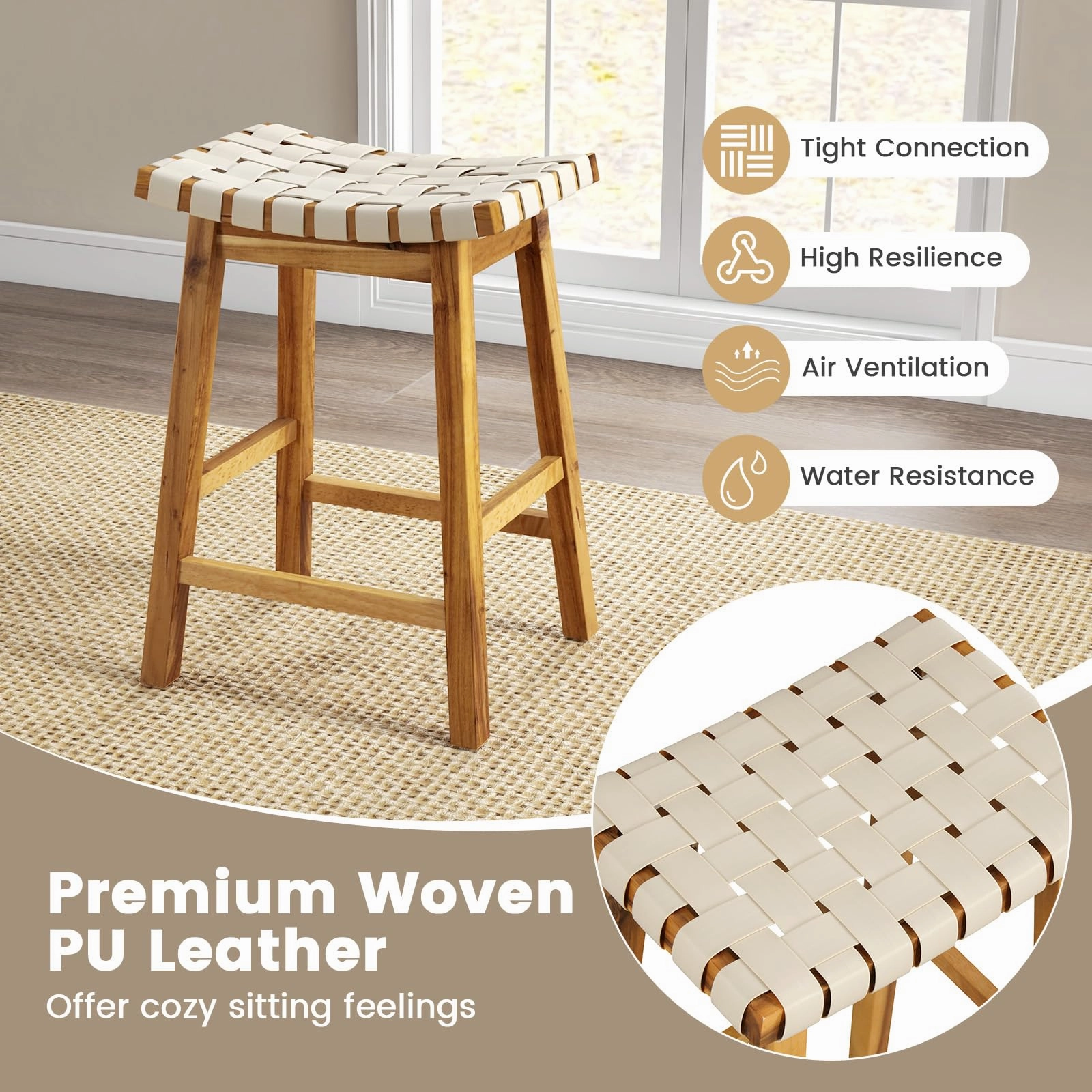 Giantex 25.5/31" Woven Bar Stools Set of 2/4, Faux PU Leather Counter Height Saddle Stools with Woven Curved Seat