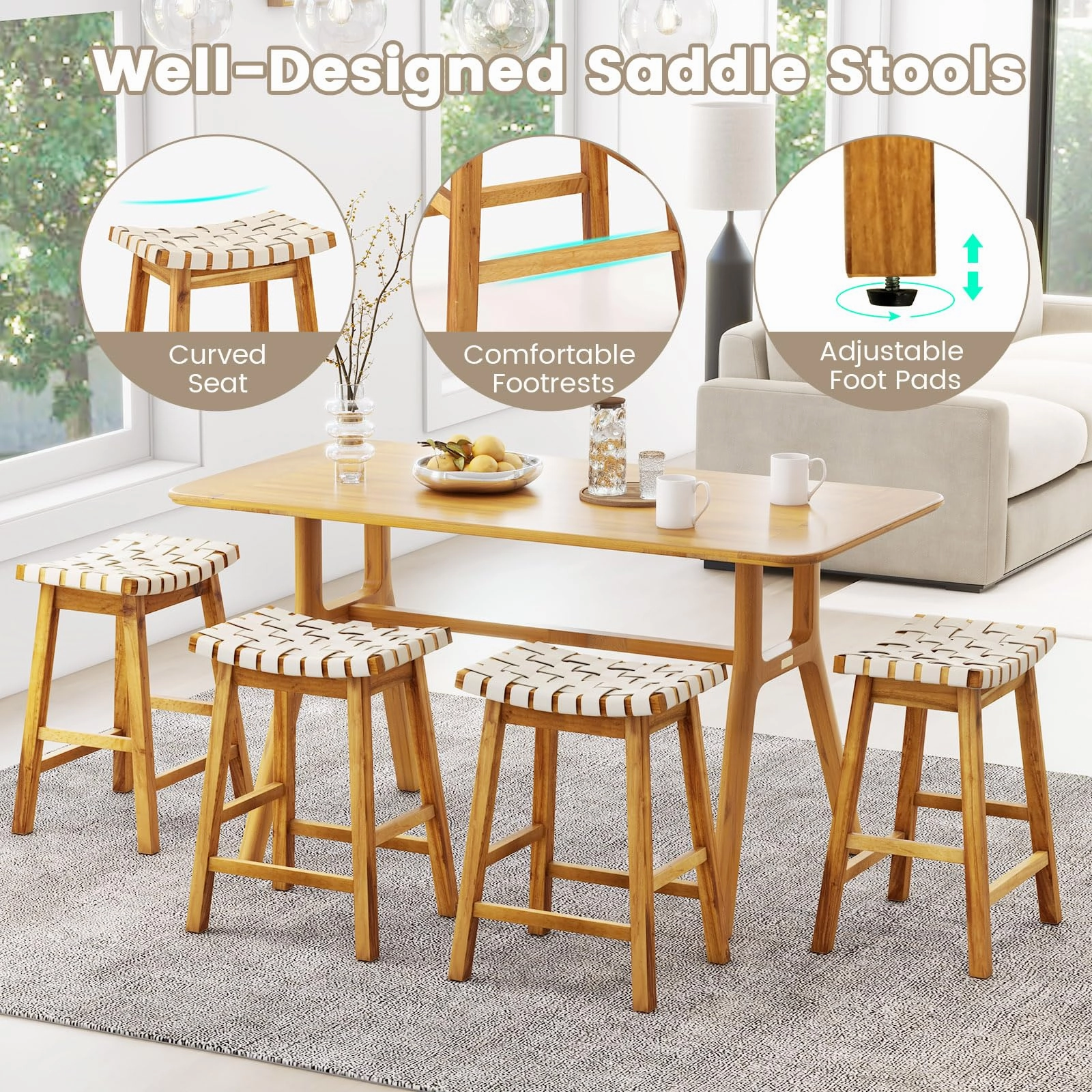 Giantex 25.5/31" Woven Bar Stools Set of 2/4, Faux PU Leather Counter Height Saddle Stools with Woven Curved Seat