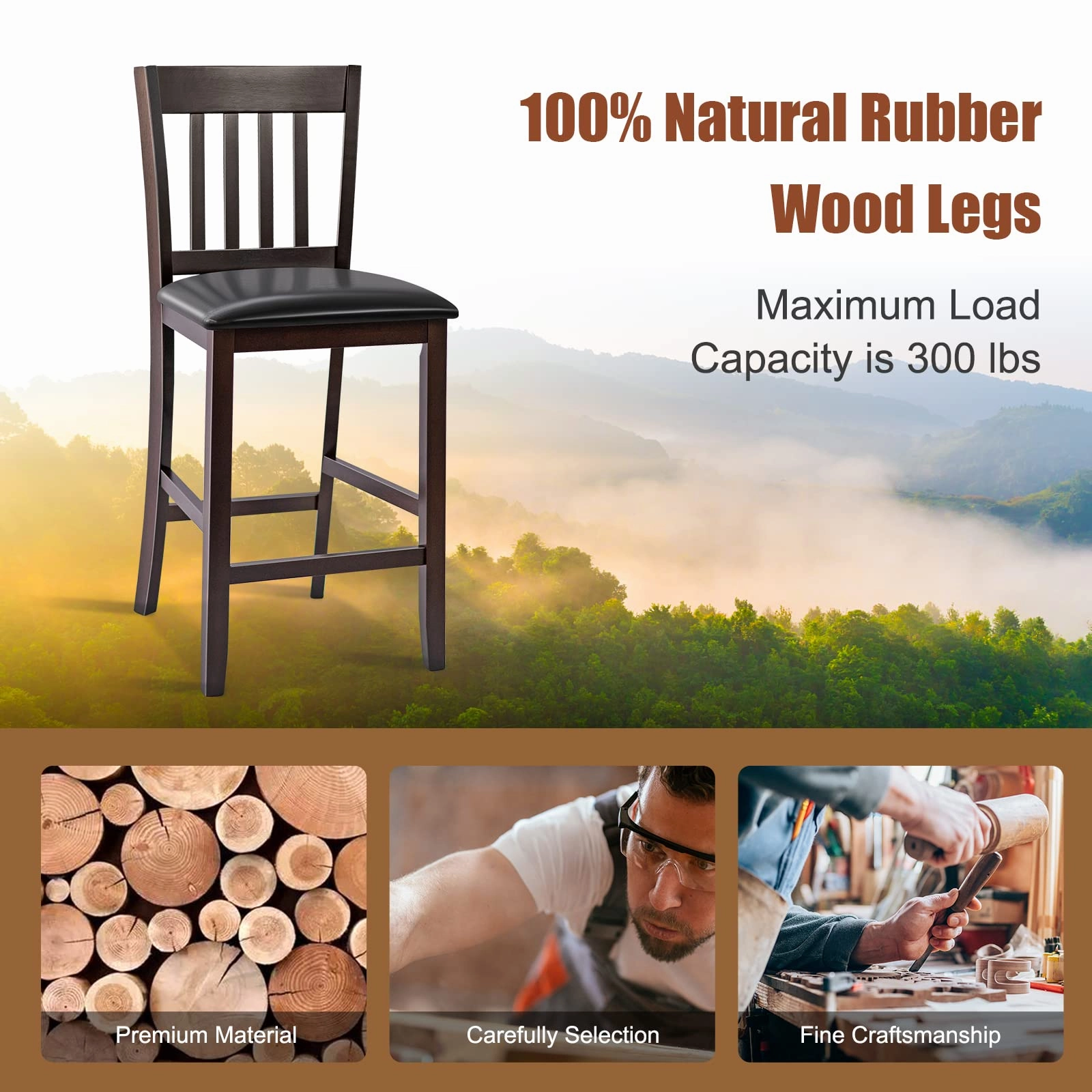 Giantex 25 Counter Height Pub Chairs with Rubber Wood Legs, Armless Bar Chairs with Elastic Cushion & PU Cover for Kitchen