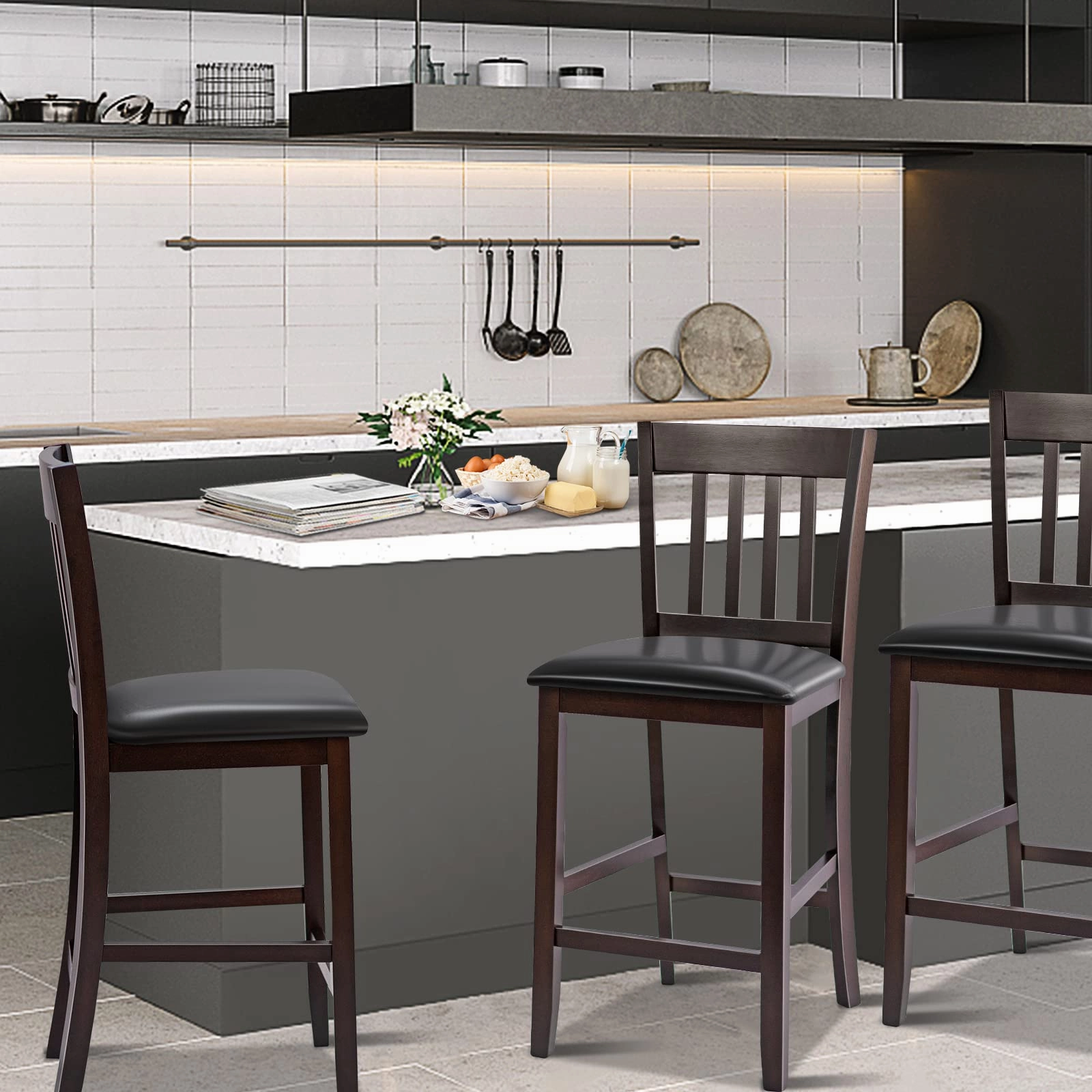 Giantex 25 Counter Height Pub Chairs with Rubber Wood Legs, Armless Bar Chairs with Elastic Cushion & PU Cover for Kitchen