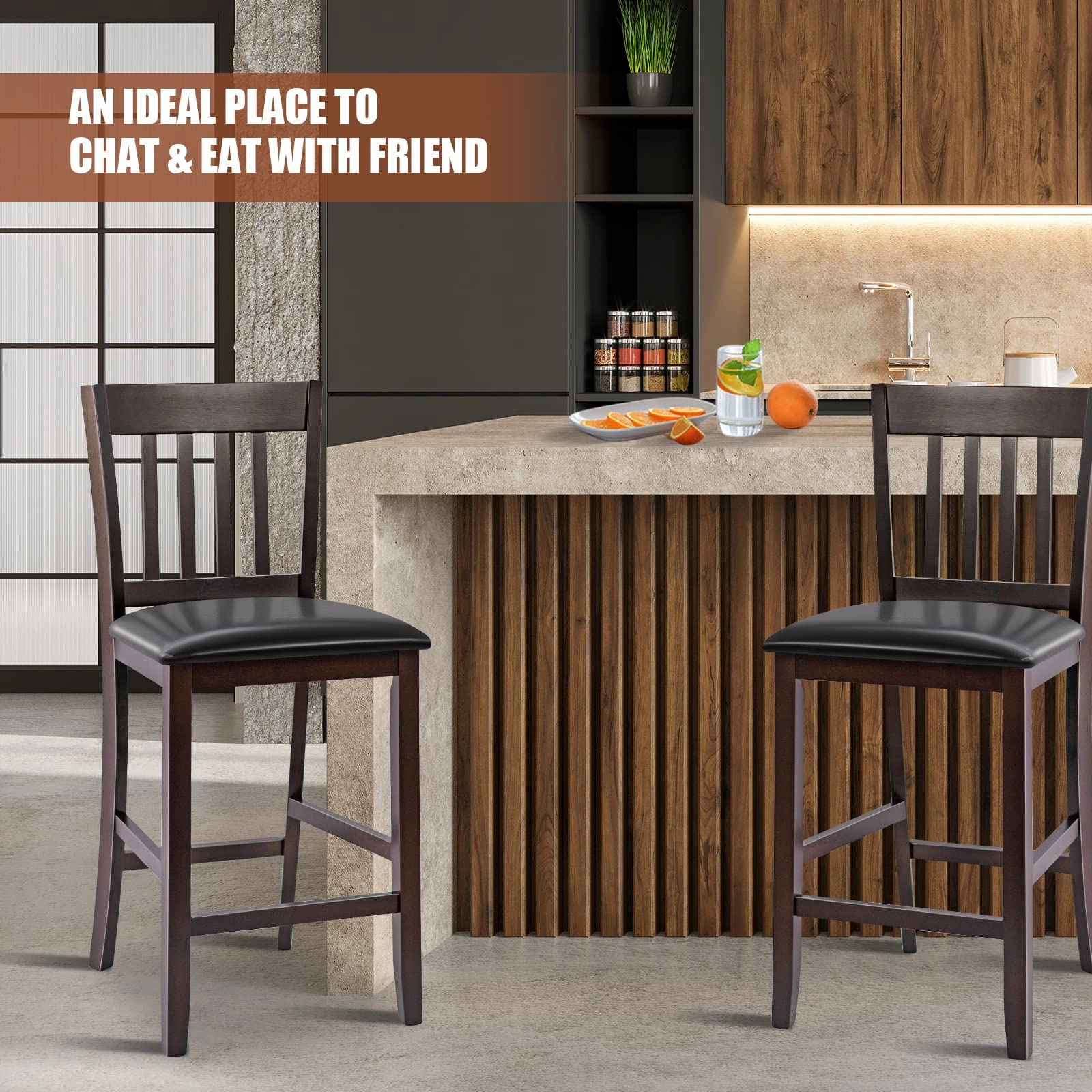 Giantex 25 Counter Height Pub Chairs with Rubber Wood Legs, Armless Bar Chairs with Elastic Cushion & PU Cover for Kitchen