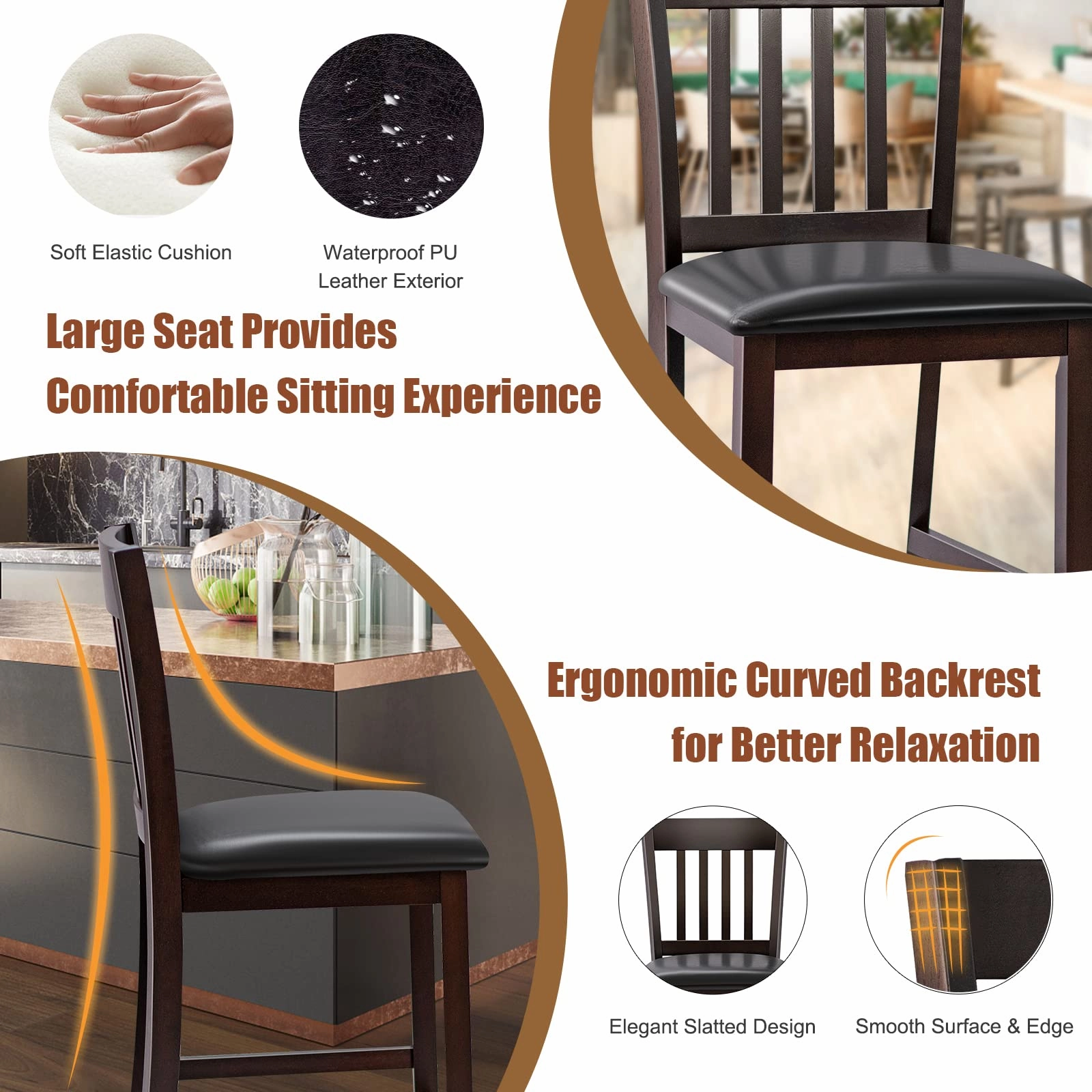 Giantex 25 Counter Height Pub Chairs with Rubber Wood Legs, Armless Bar Chairs with Elastic Cushion & PU Cover for Kitchen