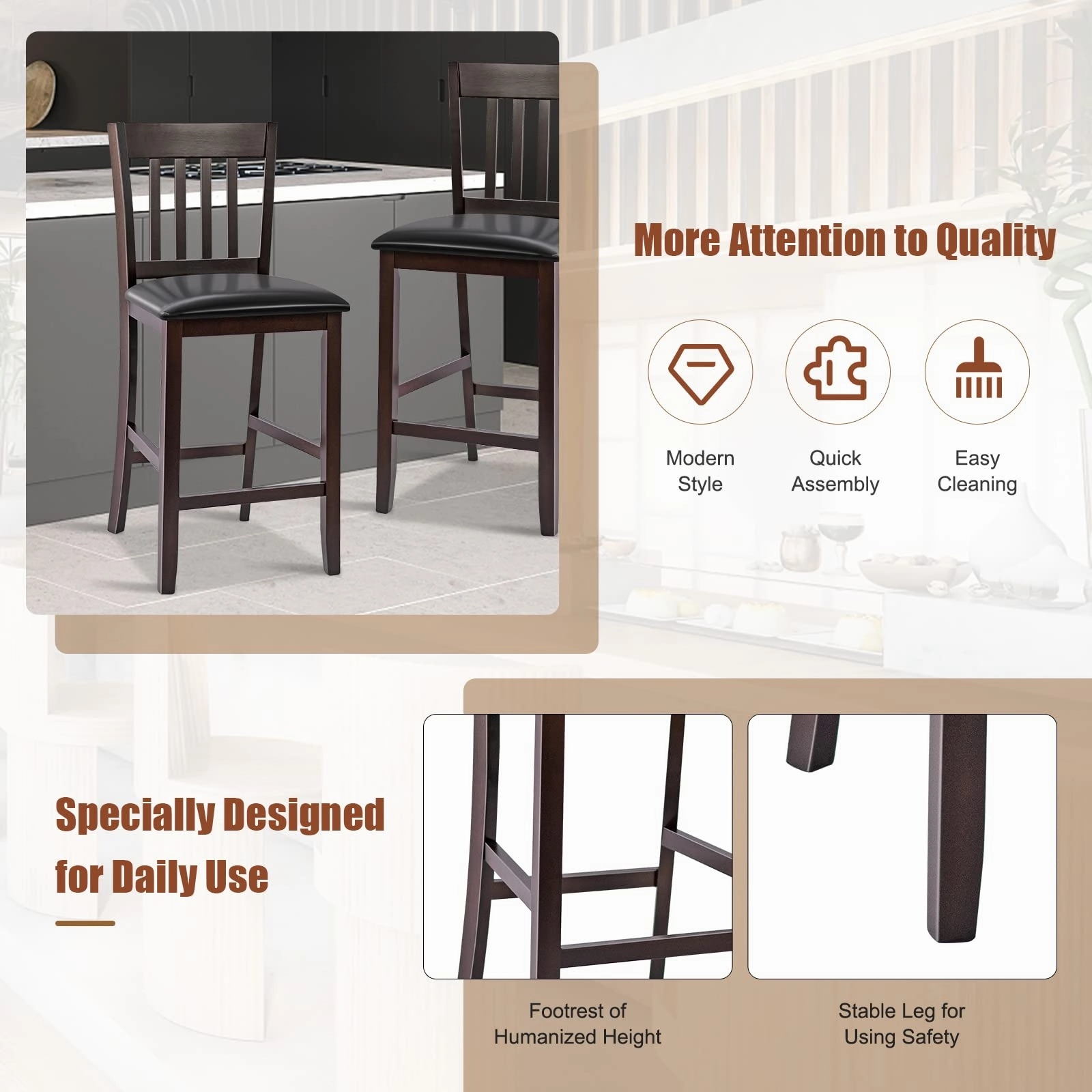 Giantex 25 Counter Height Pub Chairs with Rubber Wood Legs, Armless Bar Chairs with Elastic Cushion & PU Cover for Kitchen