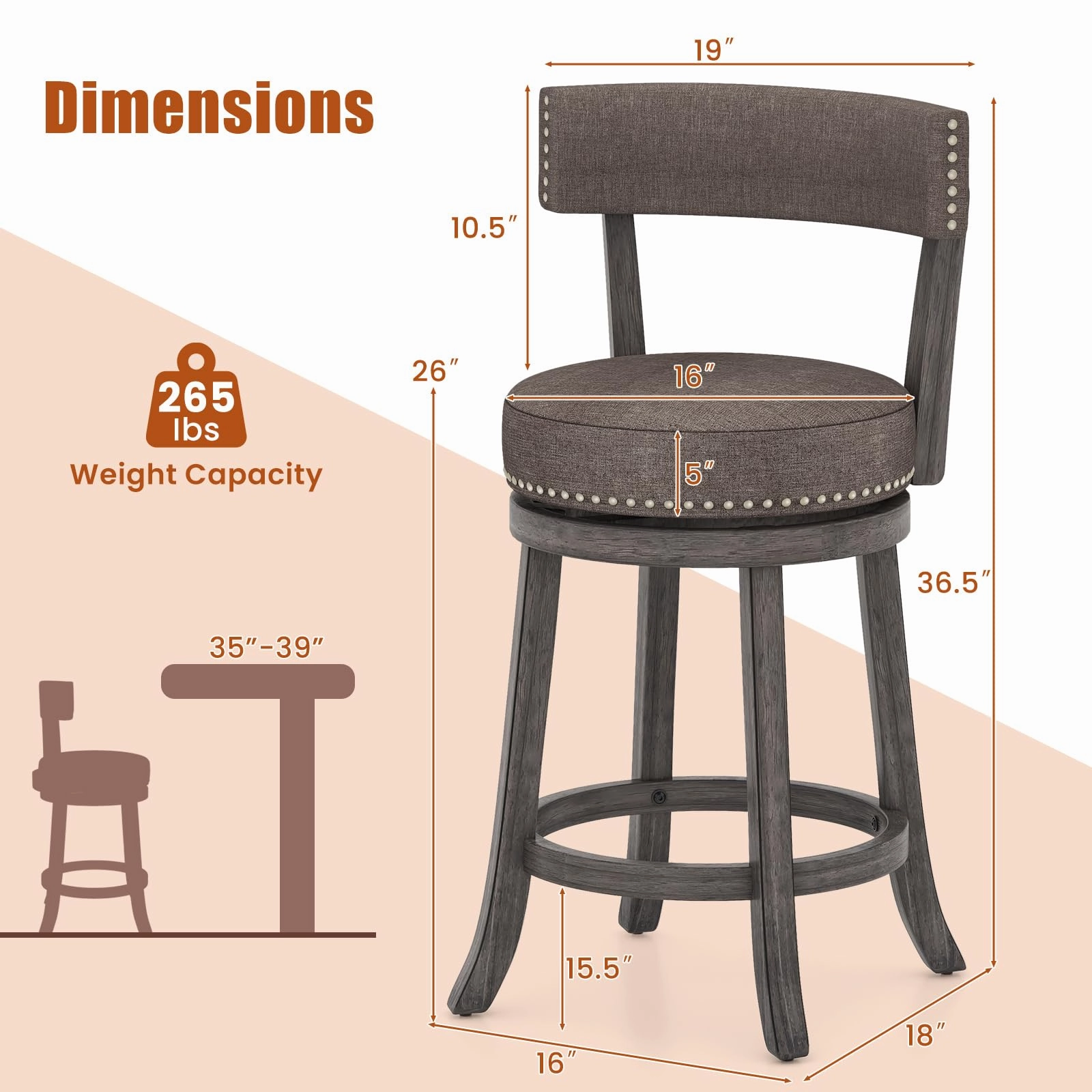 Giantex 26" Bar Stools Set, Swivel Counter Height Bar Chairs with Footrest, Rubber Wood Frame