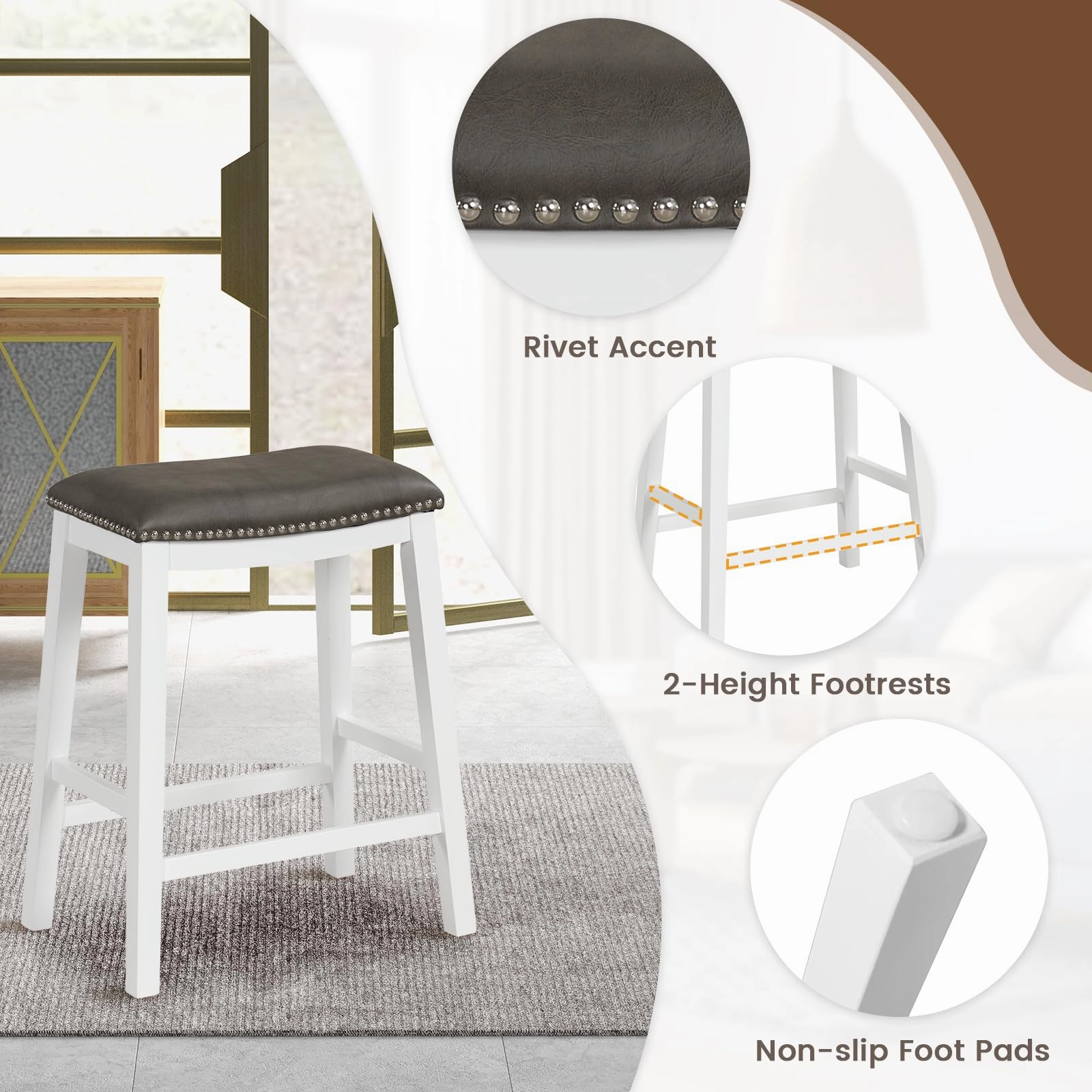 Giantex 26" Counter Height Bar Stools Set of 2, Faux PVC Leather Farmhouse Barstools w/Padded Seat