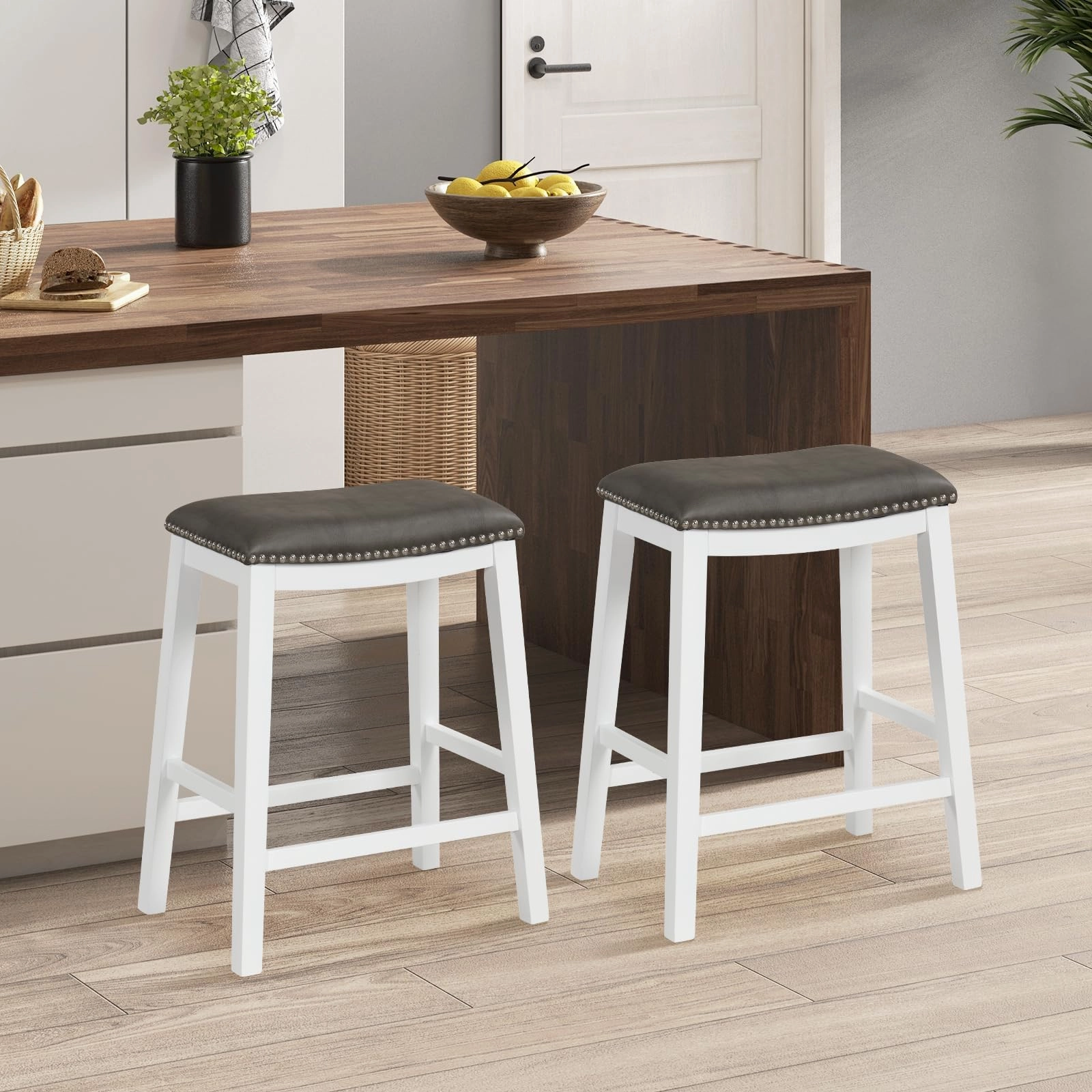 Giantex 26" Counter Height Bar Stools Set of 2, Faux PVC Leather Farmhouse Barstools w/Padded Seat