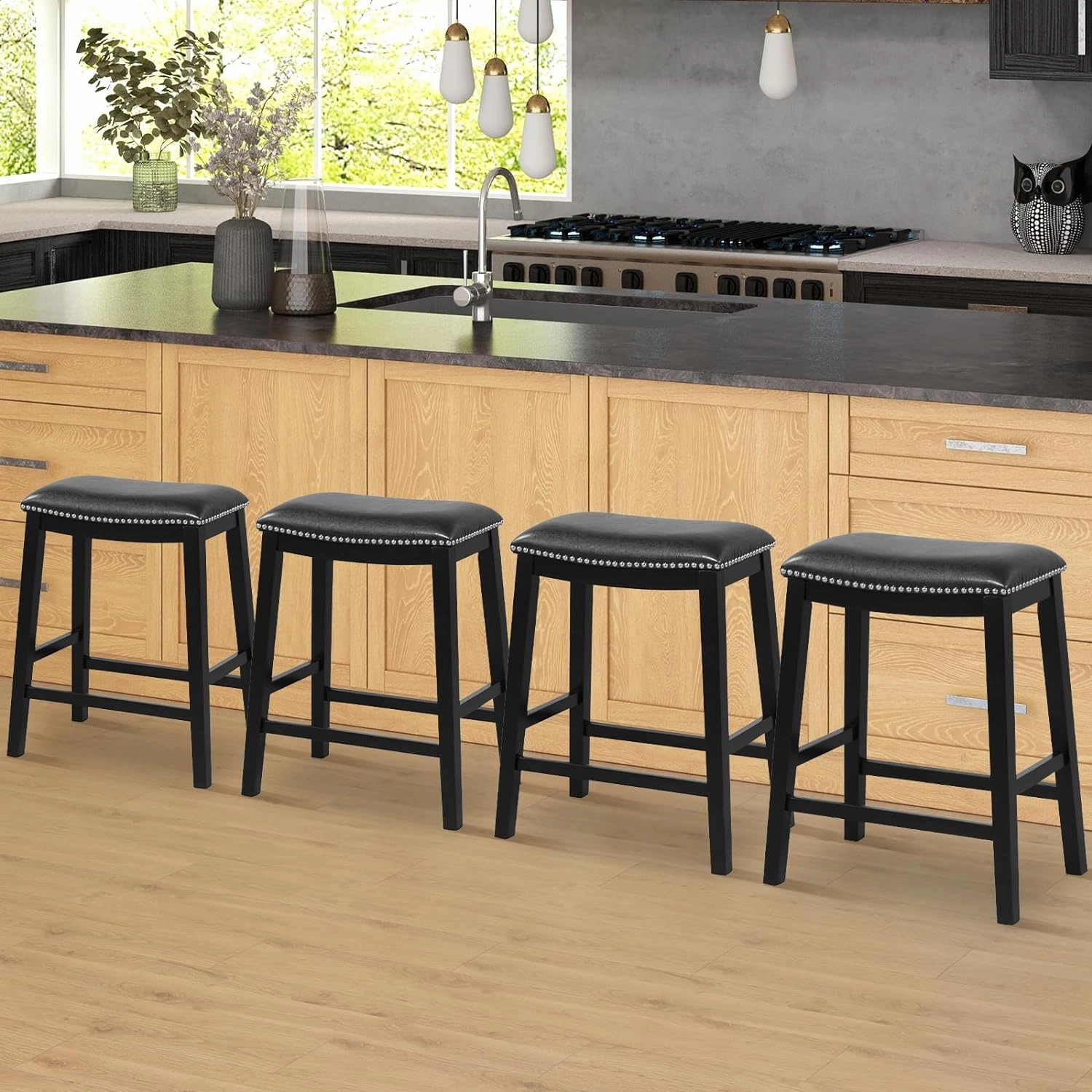 Giantex 26" Counter Height Bar Stools Set of 2, Faux PVC Leather Farmhouse Barstools w/Padded Seat