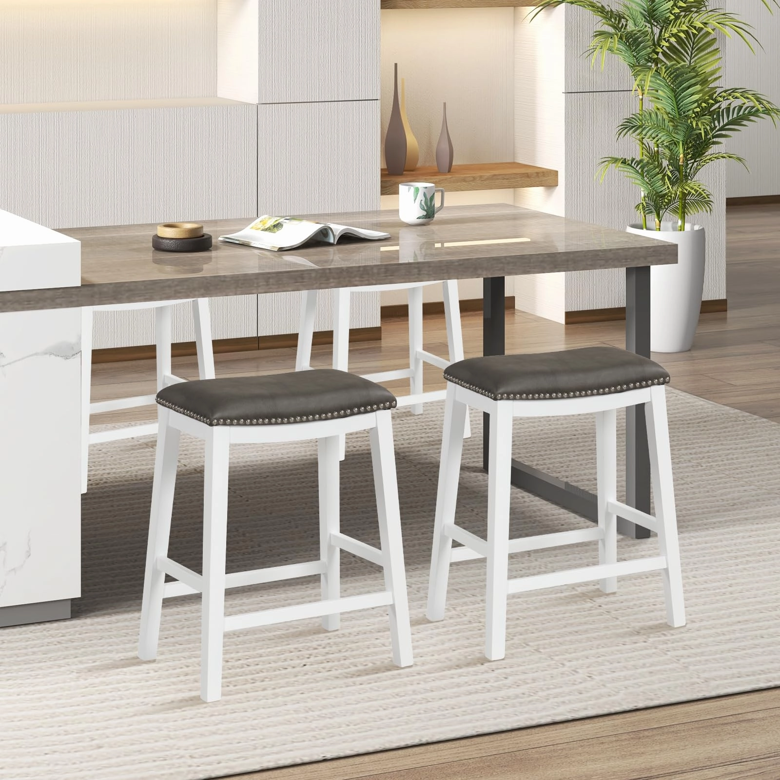 Giantex 26" Counter Height Bar Stools Set of 2, Faux PVC Leather Farmhouse Barstools w/Padded Seat