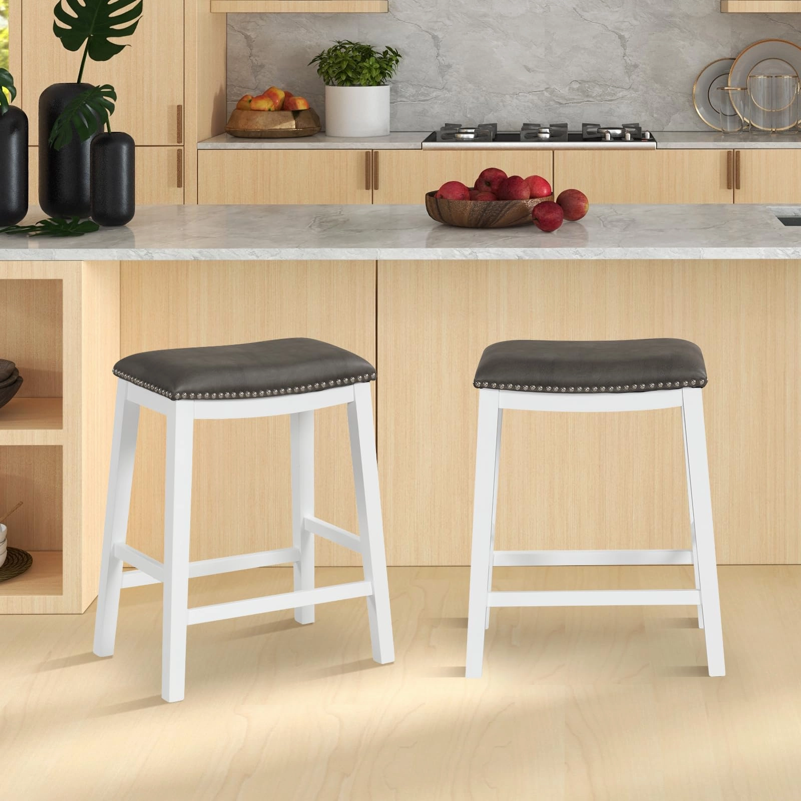 Giantex 26" Counter Height Bar Stools Set of 2, Faux PVC Leather Farmhouse Barstools w/Padded Seat