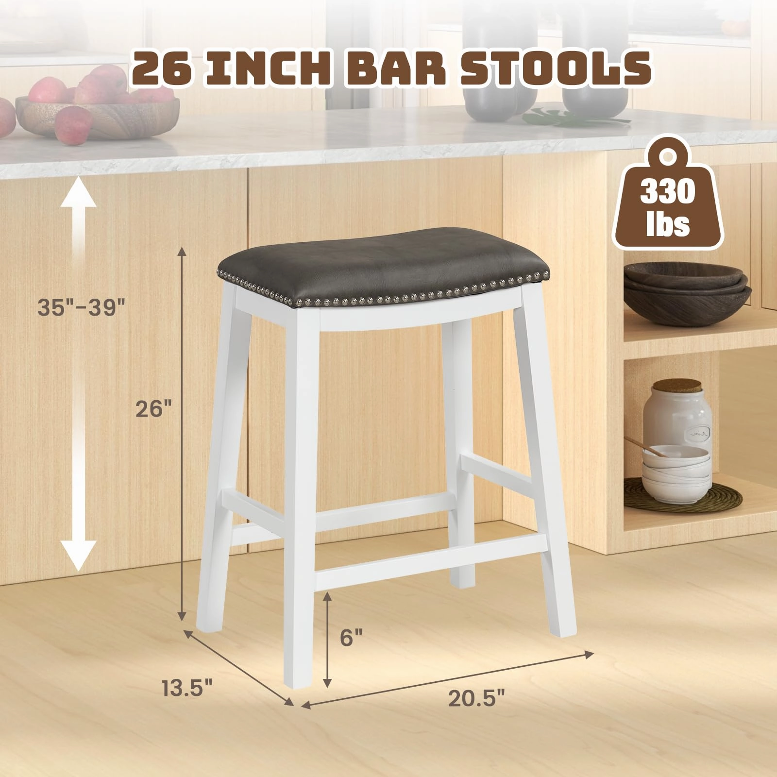 Giantex 26" Counter Height Bar Stools Set of 2, Faux PVC Leather Farmhouse Barstools w/Padded Seat
