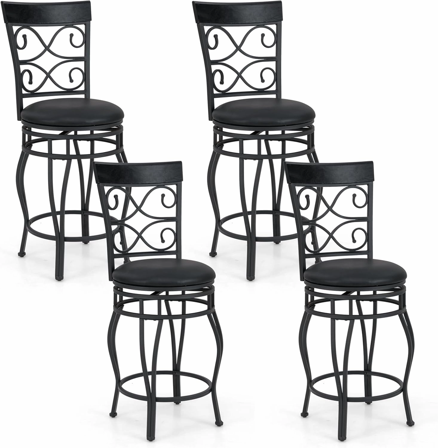 Giantex 26" Swivel Bar Stools Set of 2/4, Counter Height Bar Stools with Back, Upholstered PU Leather Seat, Black