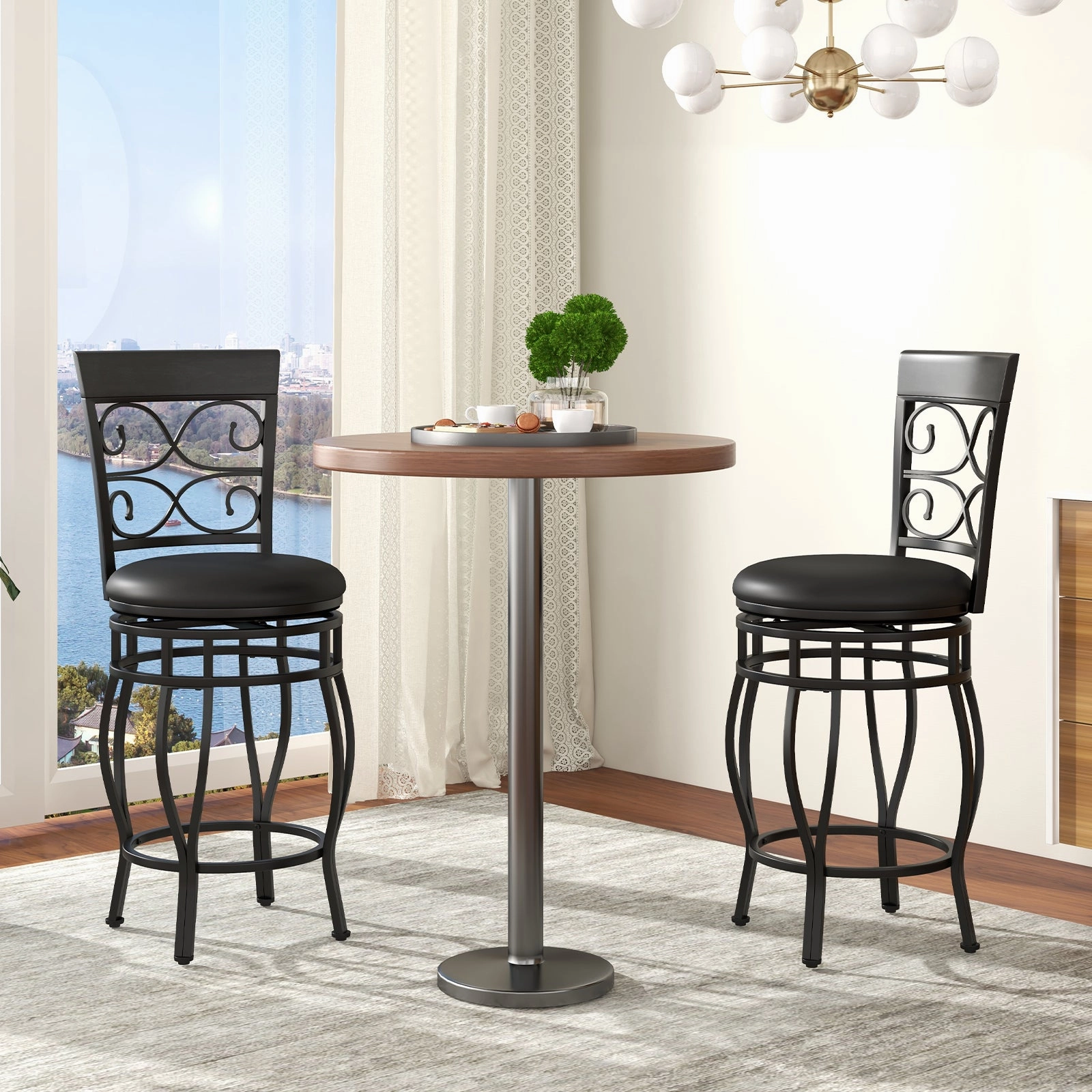 Giantex 26" Swivel Bar Stools Set of 2/4, Counter Height Bar Stools with Back, Upholstered PU Leather Seat, Black