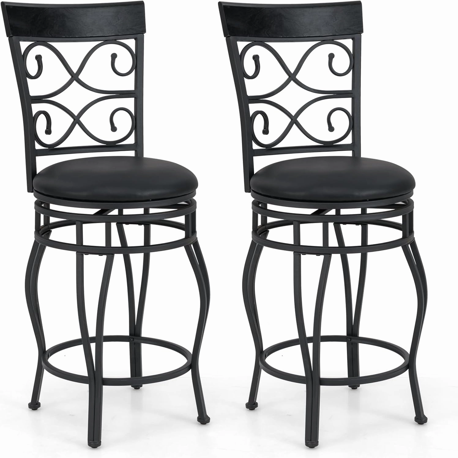Giantex 26" Swivel Bar Stools Set of 2/4, Counter Height Bar Stools with Back, Upholstered PU Leather Seat, Black kitchen barstool, adjustable bar stool