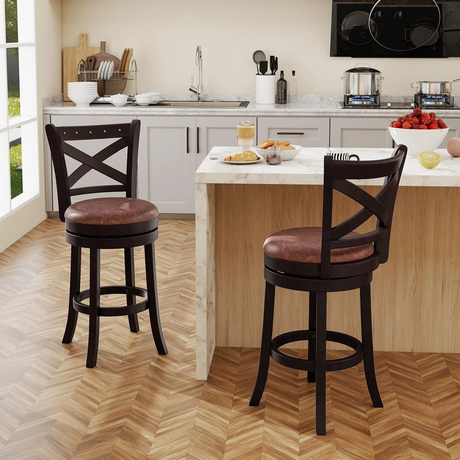 Giantex 26" Swivel Bar Stools with Backs & Upholstered Faux Leather Seat