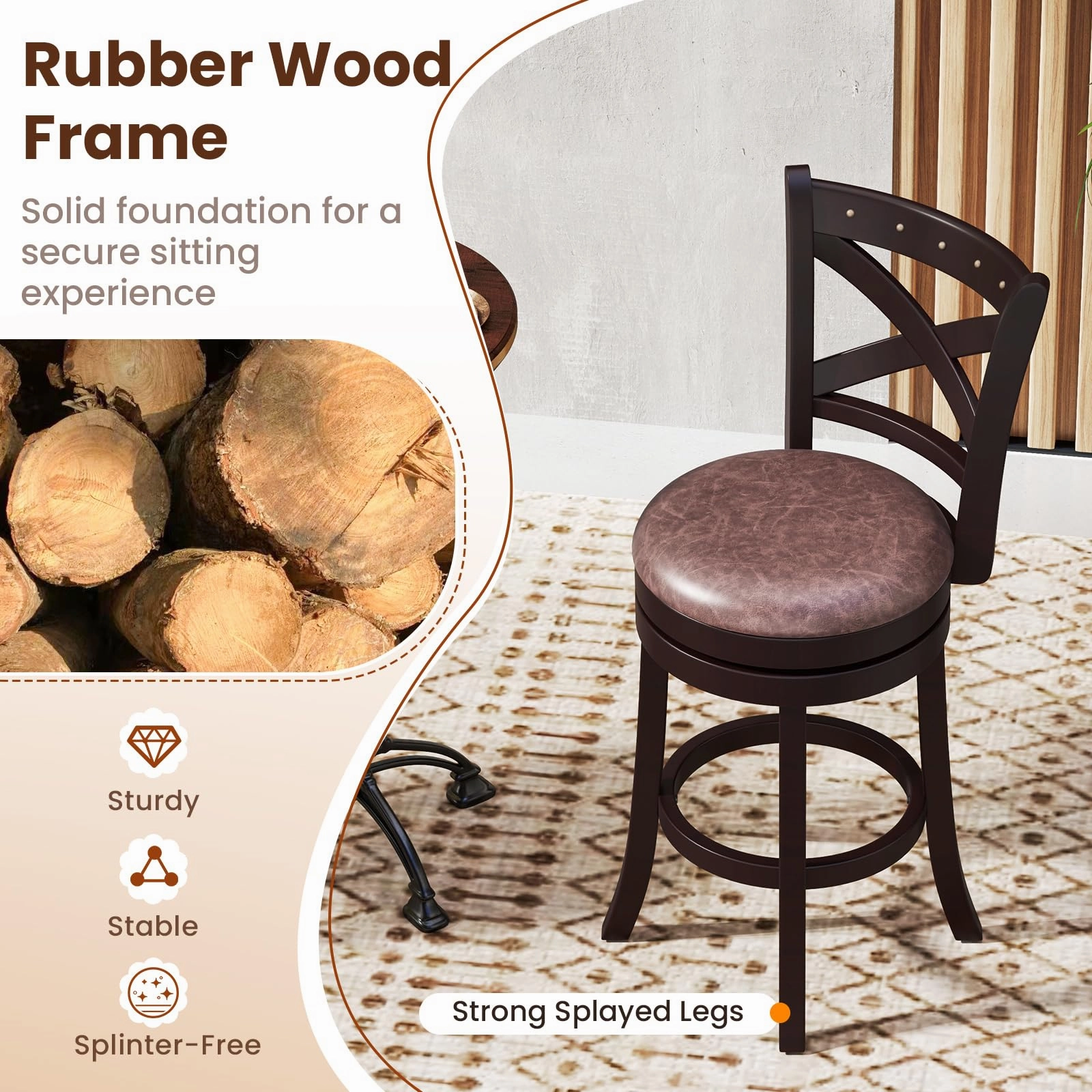 Giantex 26" Swivel Bar Stools with Backs & Upholstered Faux Leather Seat