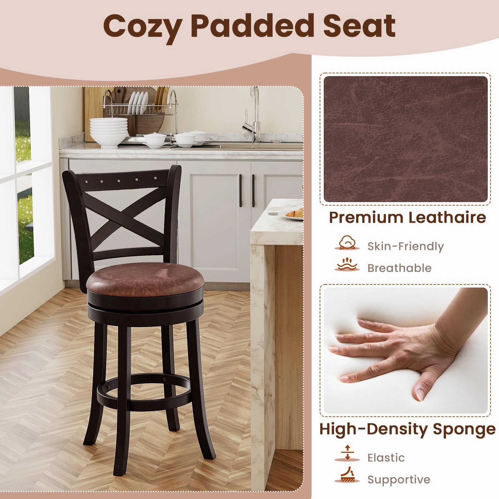 Giantex 26" Swivel Bar Stools with Backs & Upholstered Faux Leather Seat