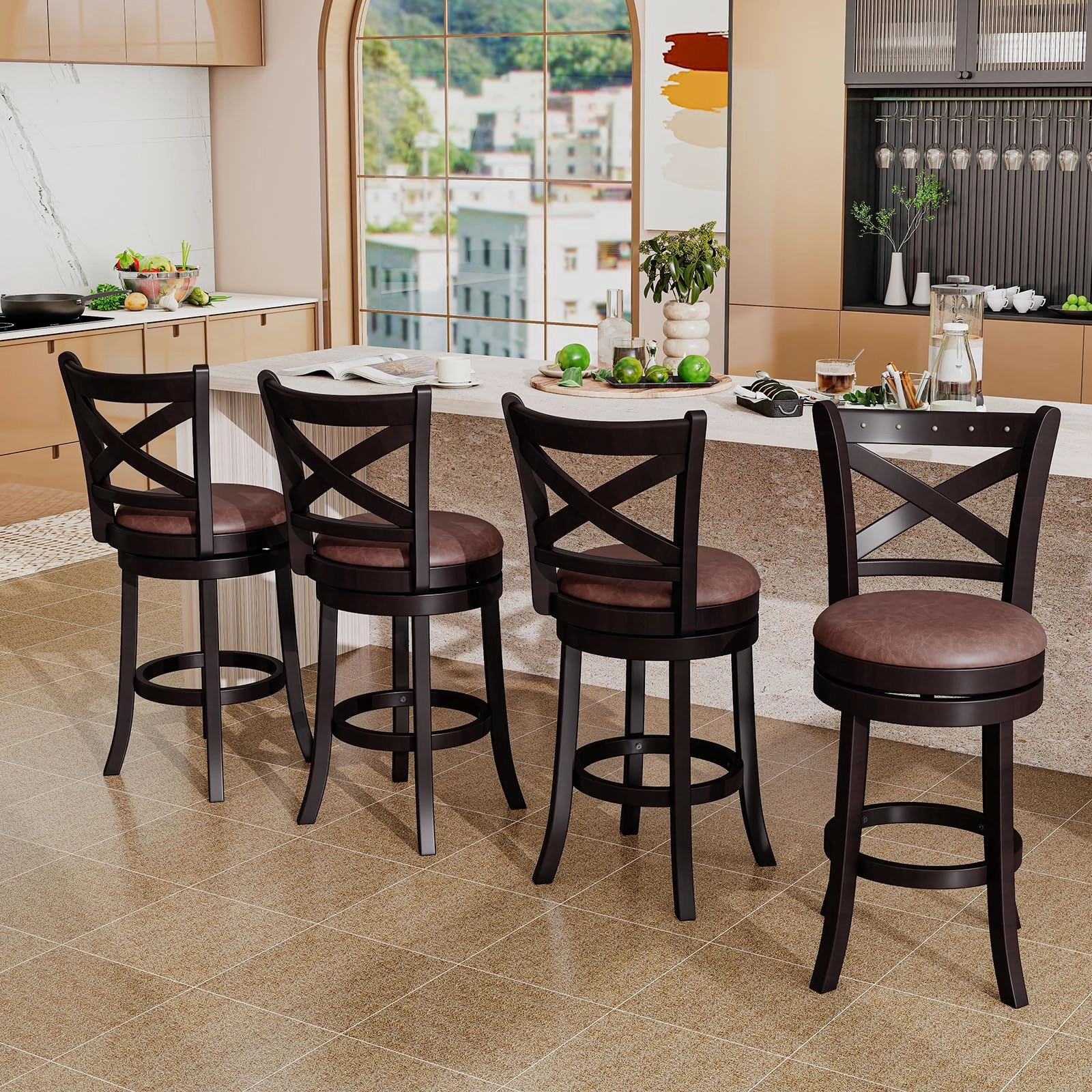 Giantex 26" Swivel Bar Stools with Backs & Upholstered Faux Leather Seat