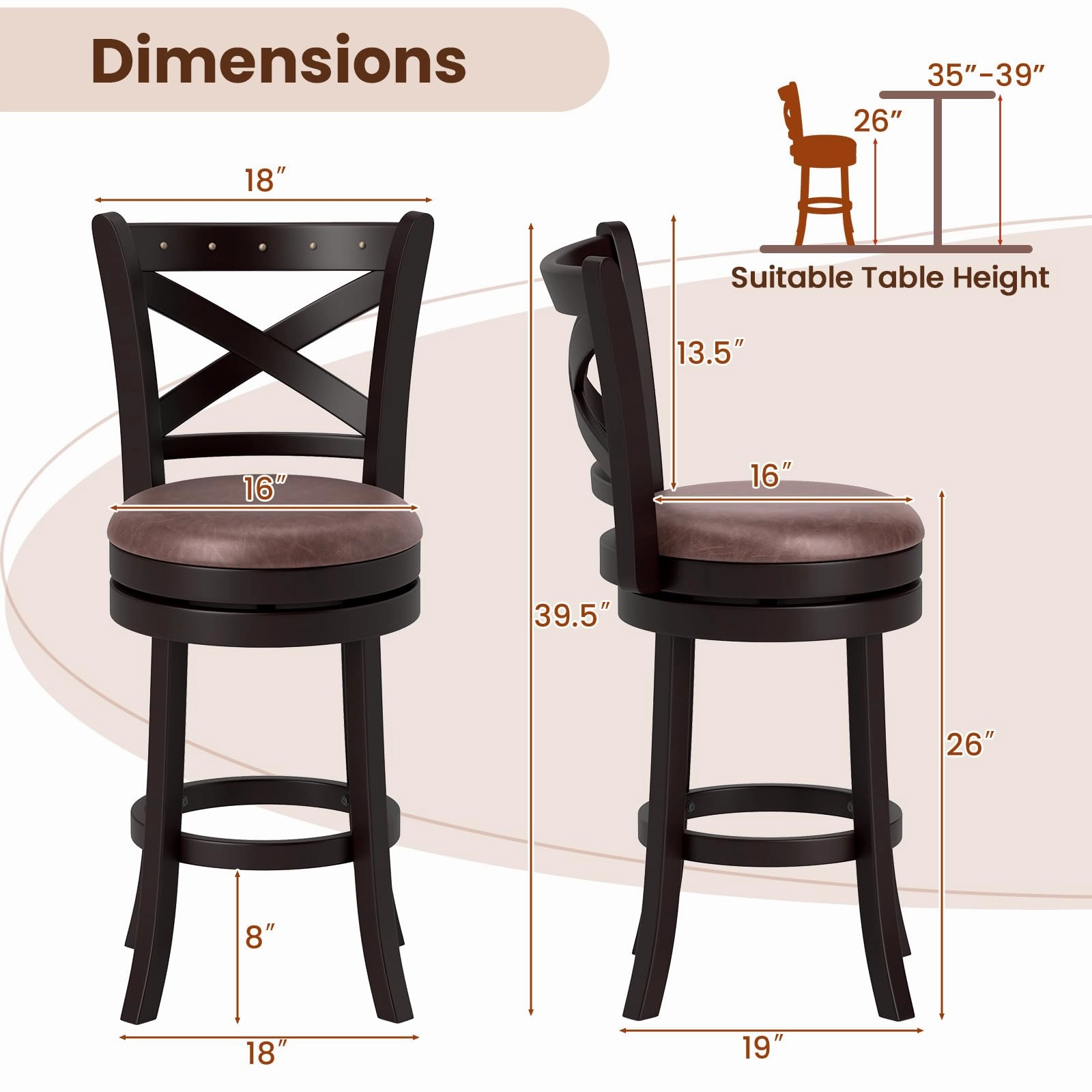 Giantex 26" Swivel Bar Stools with Backs & Upholstered Faux Leather Seat