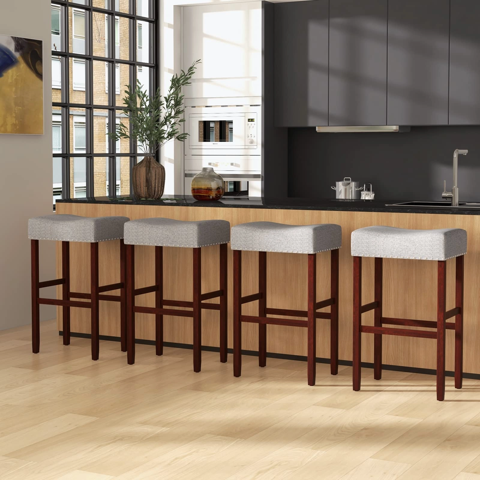 Giantex 29.5" Bar Height Bar Stools Set of 4 - Backless Saddle Barstools with Nailhead Linen Foam Seat