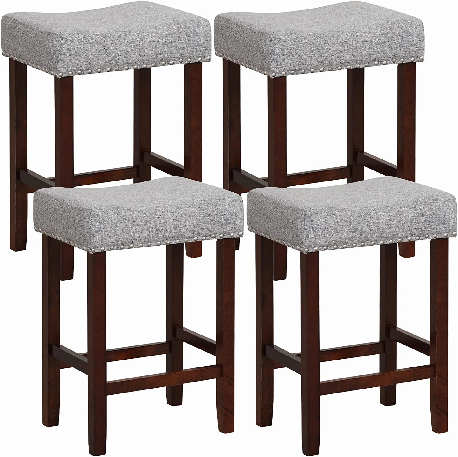 Giantex 29.5" Bar Height Bar Stools Set of 4 - Backless Saddle Barstools with Nailhead Linen Foam Seat