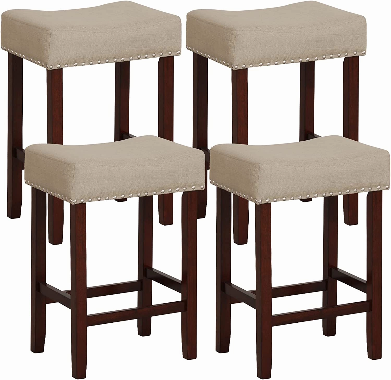 Giantex 29.5" Bar Height Bar Stools Set of 4 - Backless Saddle Barstools with Nailhead Linen Foam Seat