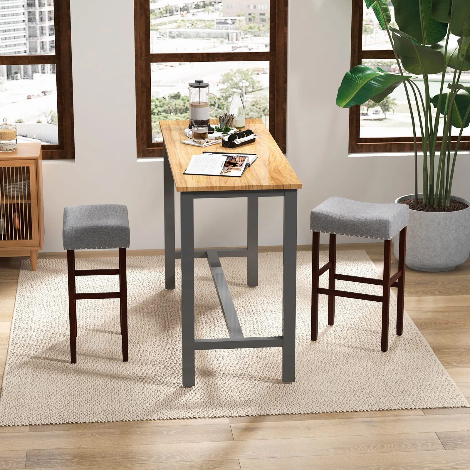 Giantex 29.5" Bar Height Bar Stools Set of 4 - Backless Saddle Barstools with Nailhead Linen Foam Seat