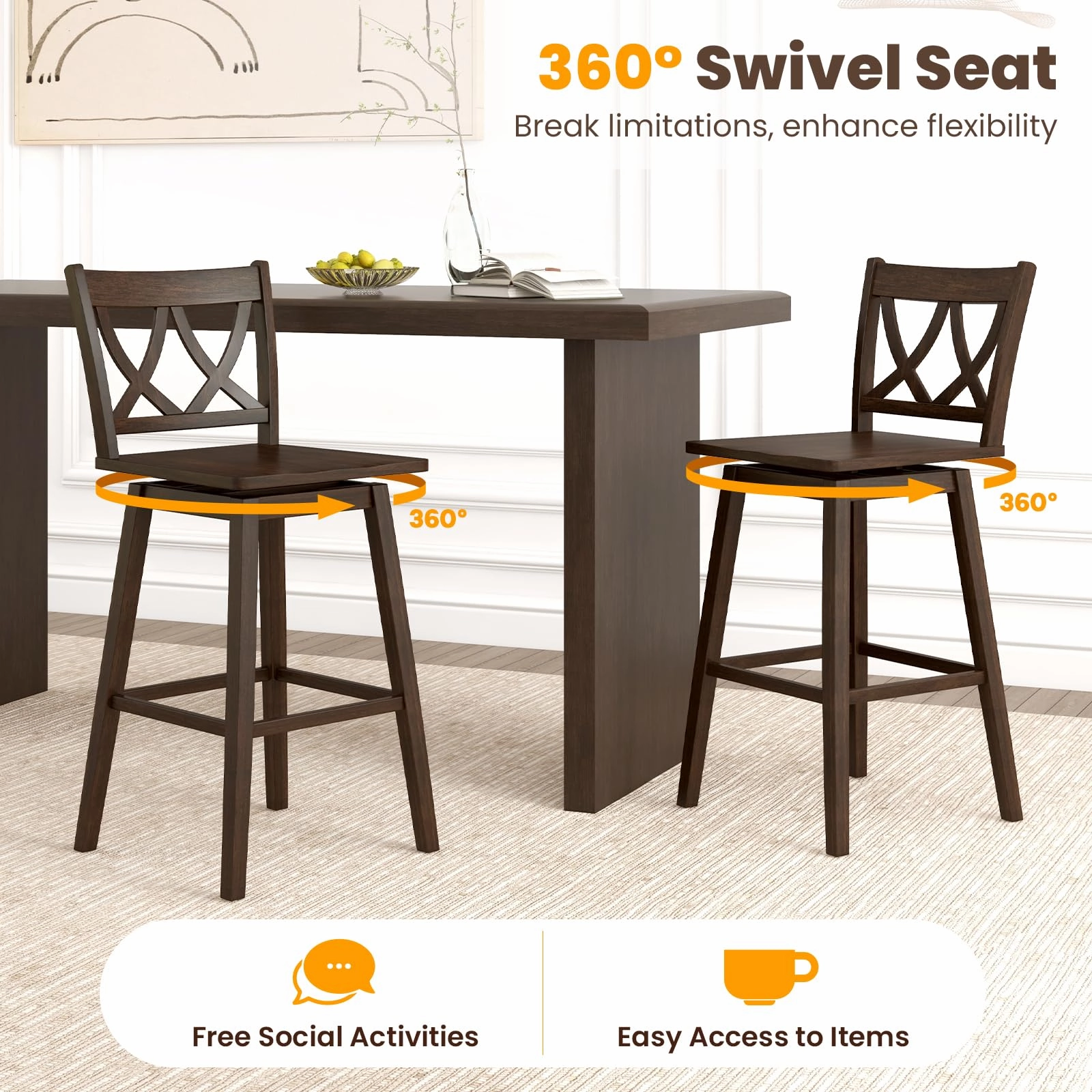Giantex 29" Bar Stools Set of 2/4, Swivel Wooden Bar Chairs with Rubber Wood Frame, for Kitchen Island, Restaurant & Pub, Dark Grey