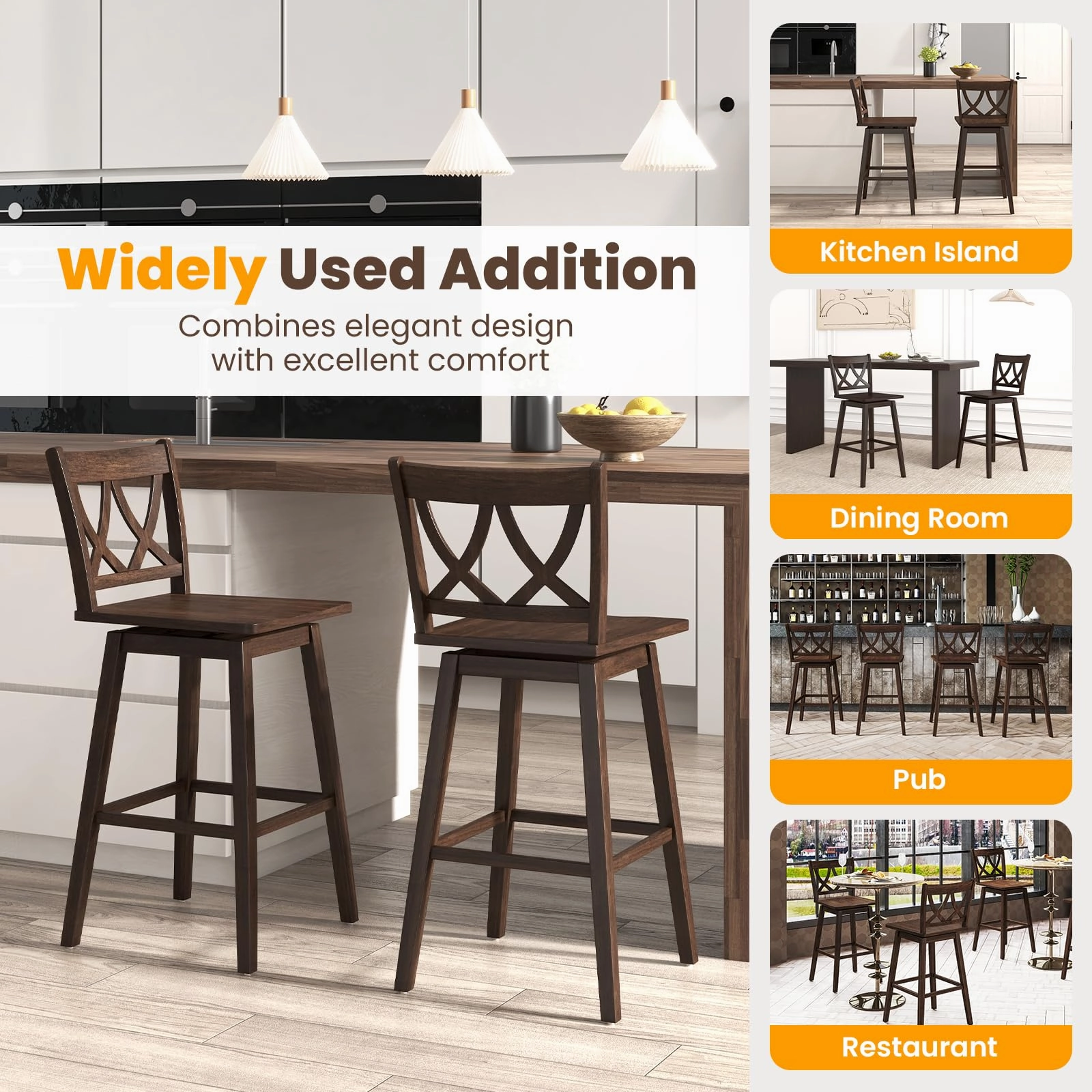 Giantex 29" Bar Stools Set of 2/4, Swivel Wooden Bar Chairs with Rubber Wood Frame, for Kitchen Island, Restaurant & Pub, Dark Grey