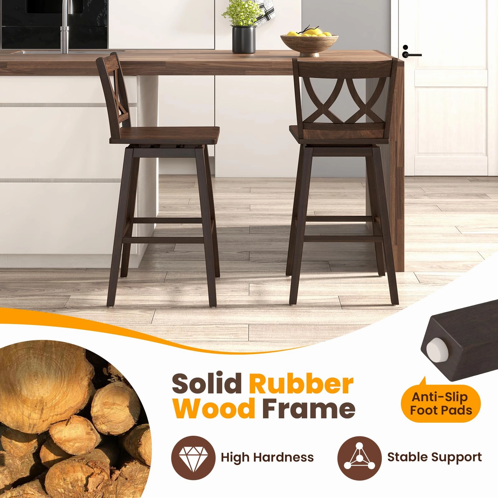 Giantex 29" Bar Stools Set of 2/4, Swivel Wooden Bar Chairs with Rubber Wood Frame, for Kitchen Island, Restaurant & Pub, Dark Grey