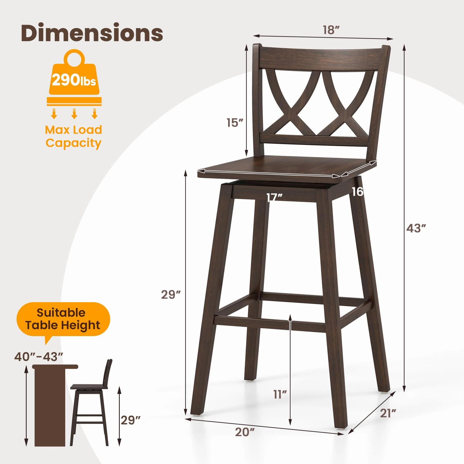 Giantex 29" Bar Stools Set of 2/4, Swivel Wooden Bar Chairs with Rubber Wood Frame, for Kitchen Island, Restaurant & Pub, Dark Grey