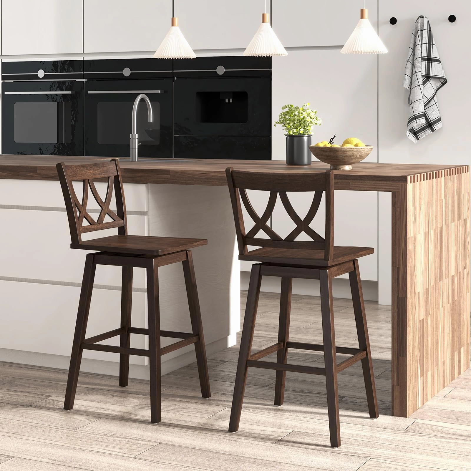 Giantex 29" Bar Stools Set of 2/4, Swivel Wooden Bar Chairs with Rubber Wood Frame, for Kitchen Island, Restaurant & Pub, Dark Grey