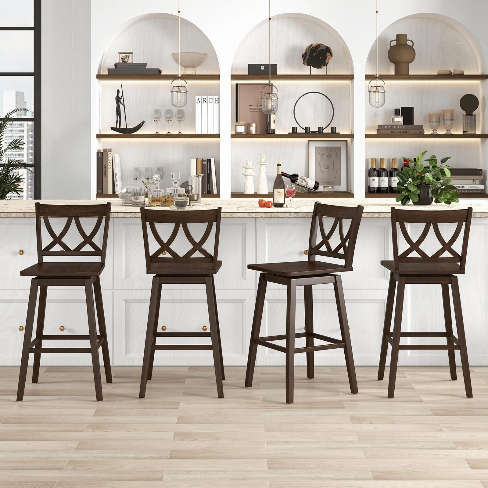 Giantex 29" Bar Stools Set of 2/4, Swivel Wooden Bar Chairs with Rubber Wood Frame, for Kitchen Island, Restaurant & Pub, Dark Grey
