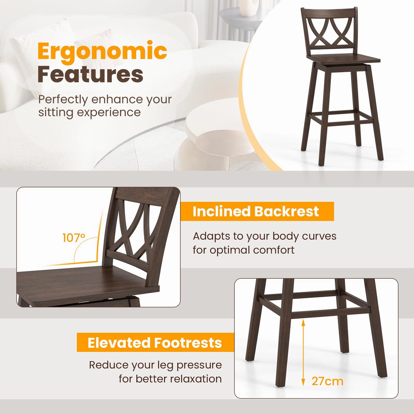 Giantex 29" Bar Stools Set of 2/4, Swivel Wooden Bar Chairs with Rubber Wood Frame, for Kitchen Island, Restaurant & Pub, Dark Grey