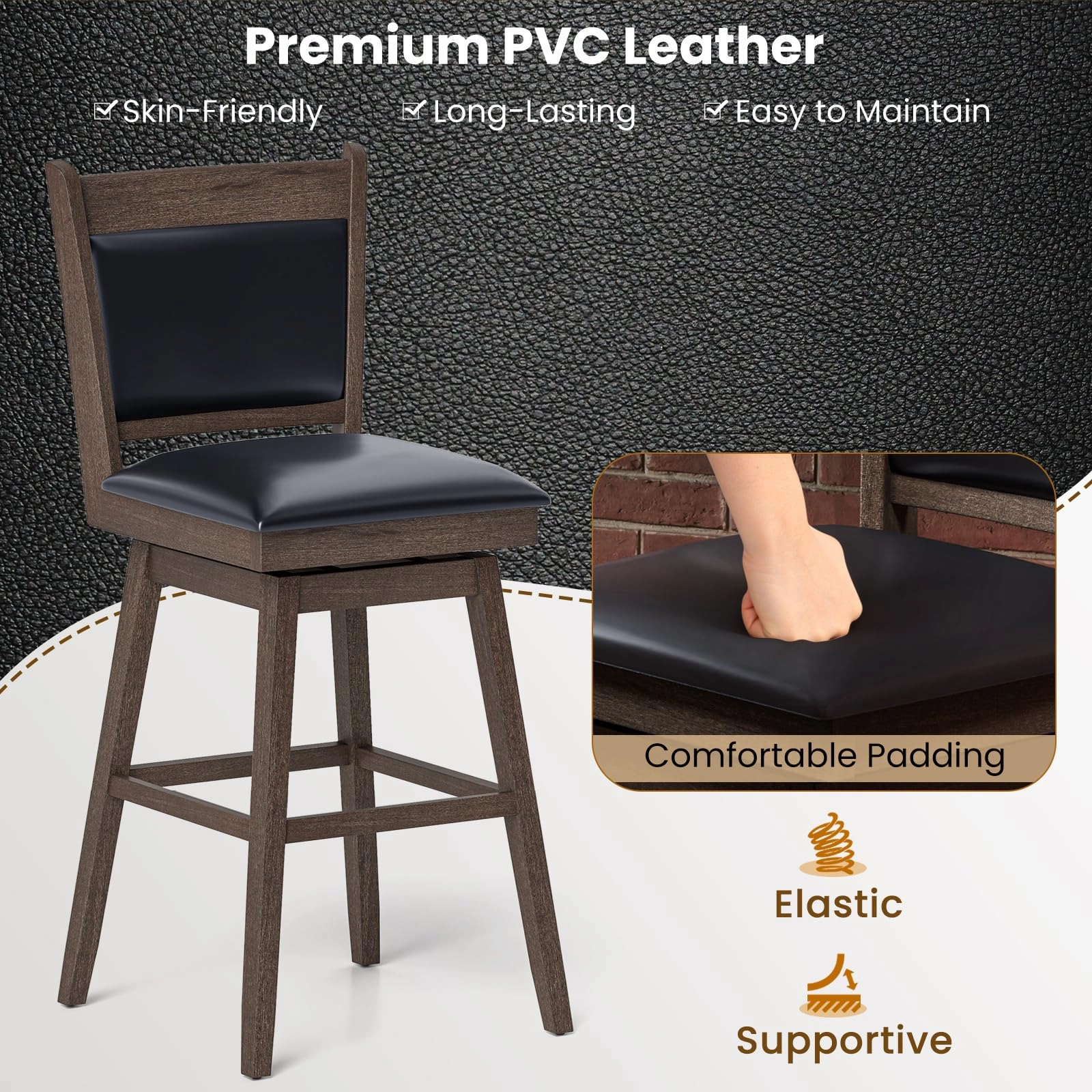 Giantex 29" Bar Stools Set, Upholstered Swivel Bar Chairs with Ergonomic Back