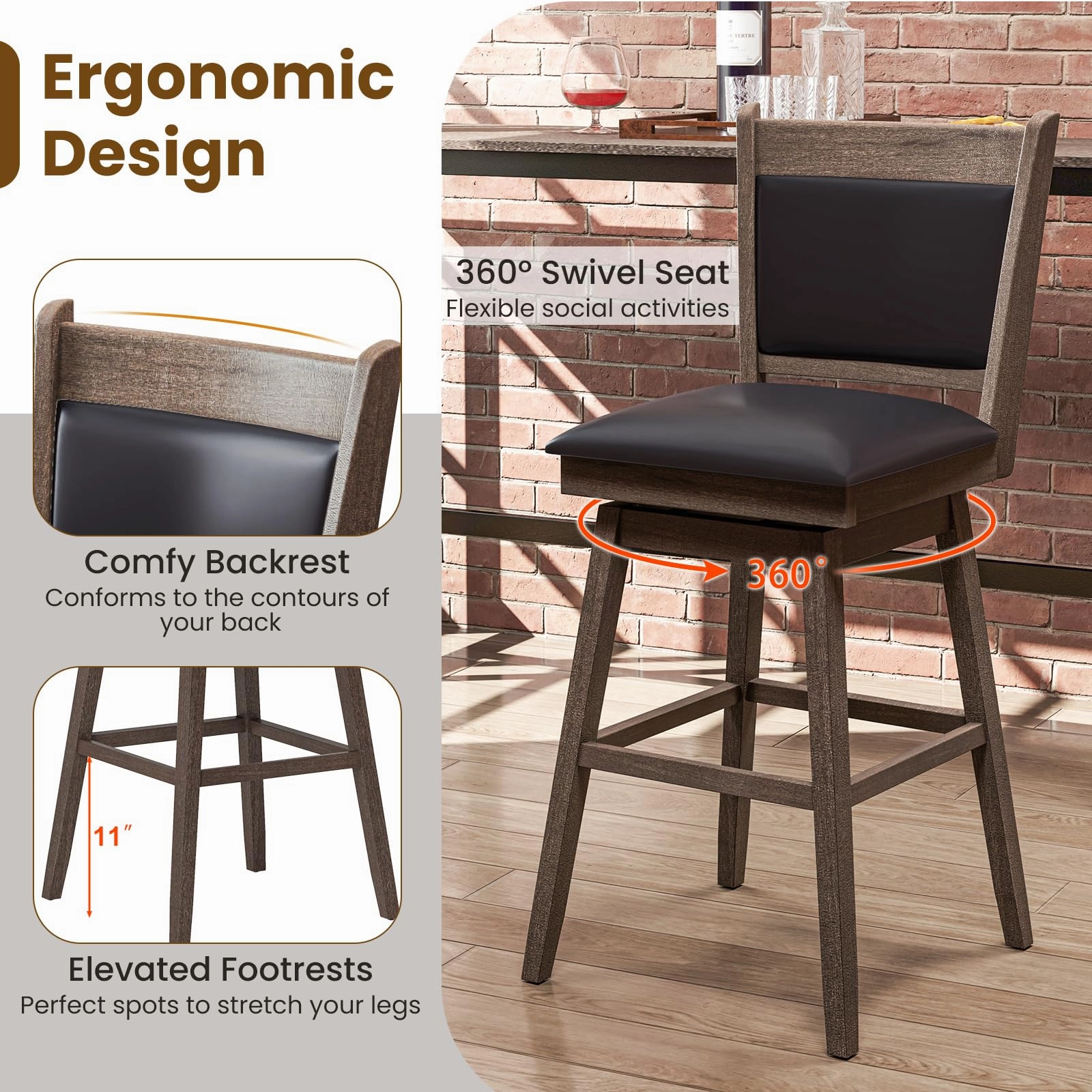 Giantex 29" Bar Stools Set, Upholstered Swivel Bar Chairs with Ergonomic Back