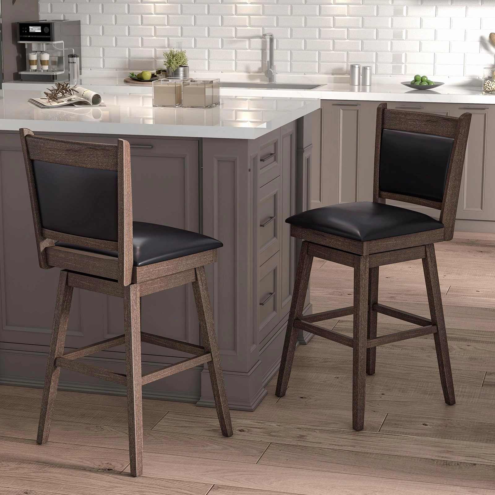 Giantex 29" Bar Stools Set, Upholstered Swivel Bar Chairs with Ergonomic Back