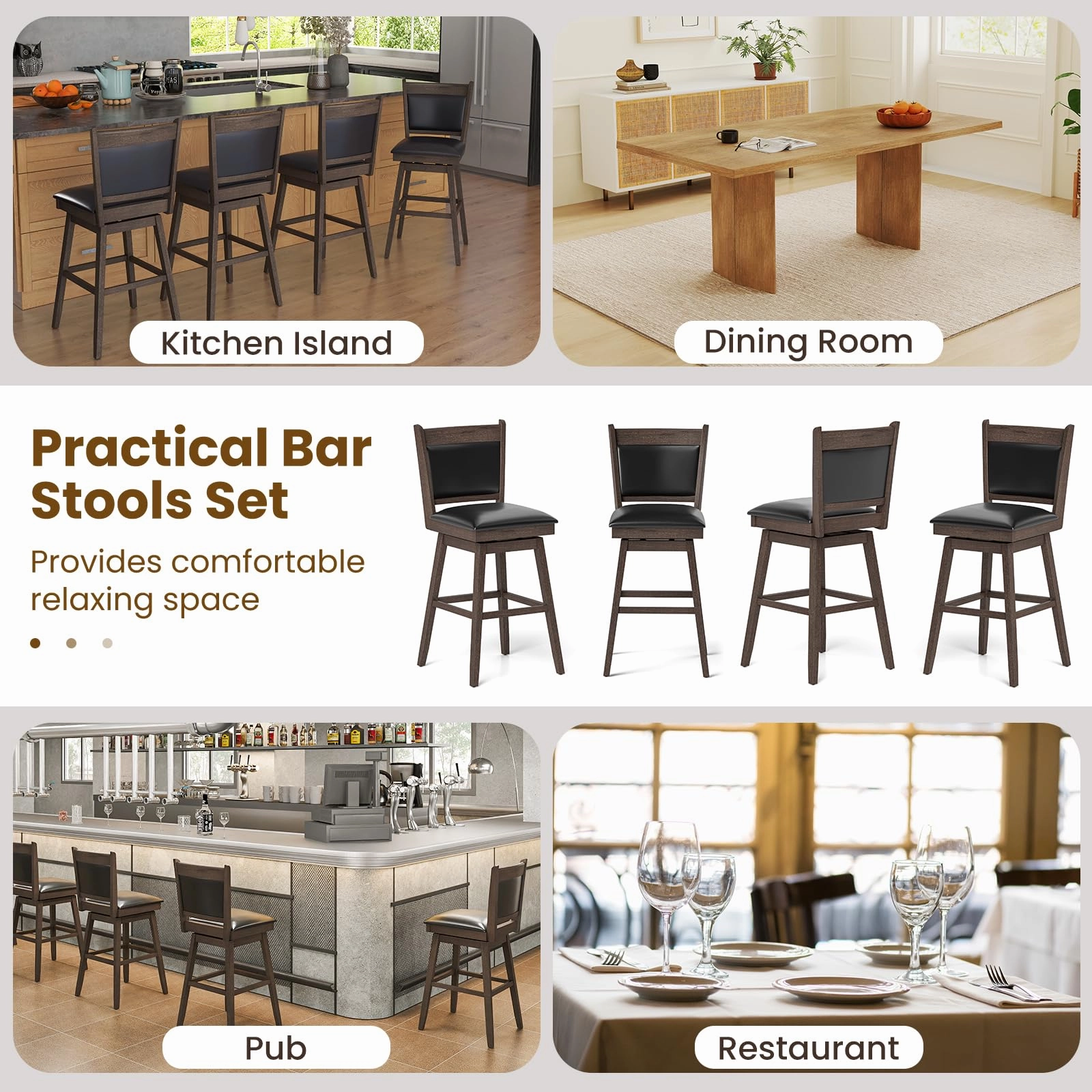 Giantex 29" Bar Stools Set, Upholstered Swivel Bar Chairs with Ergonomic Back