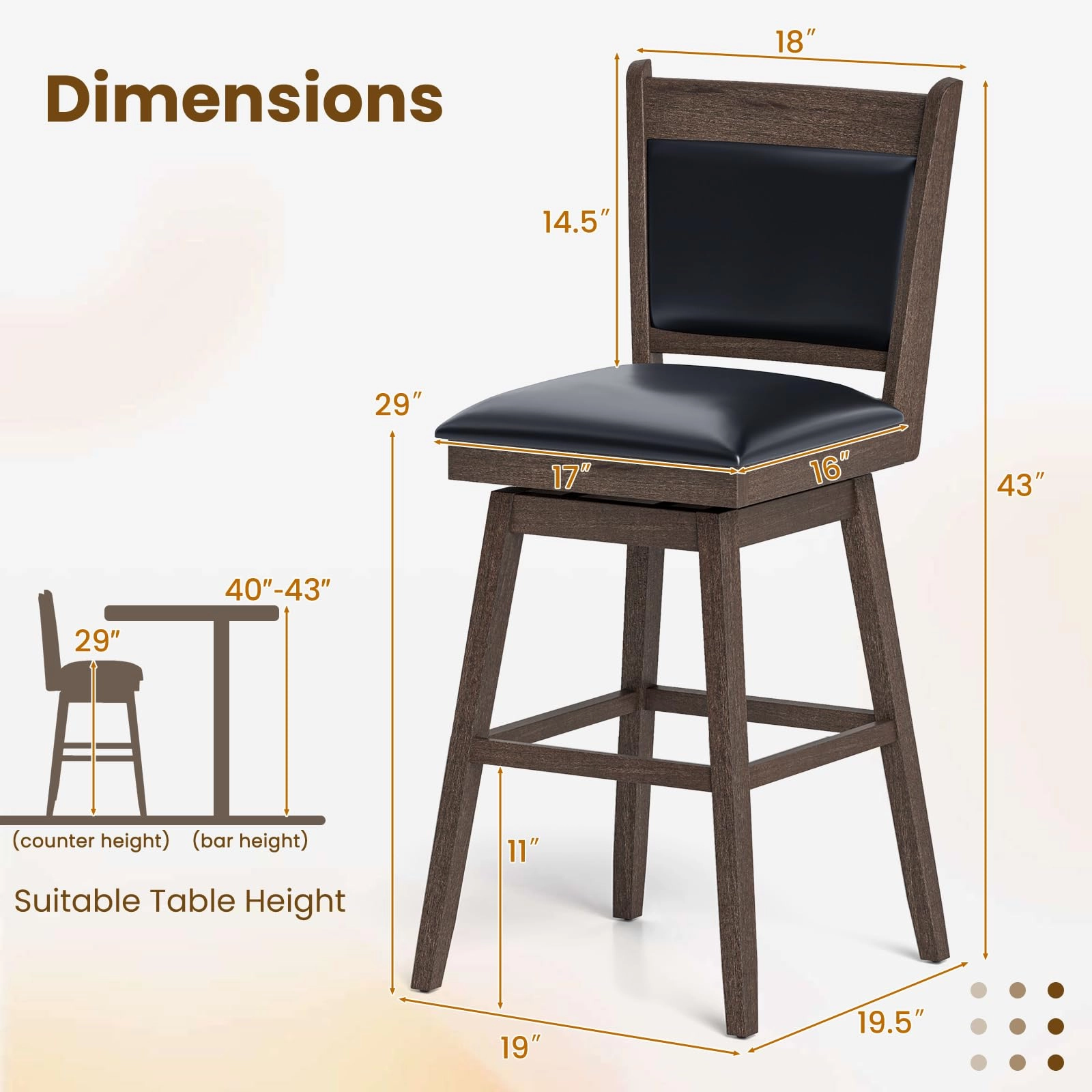 Giantex 29" Bar Stools Set, Upholstered Swivel Bar Chairs with Ergonomic Back